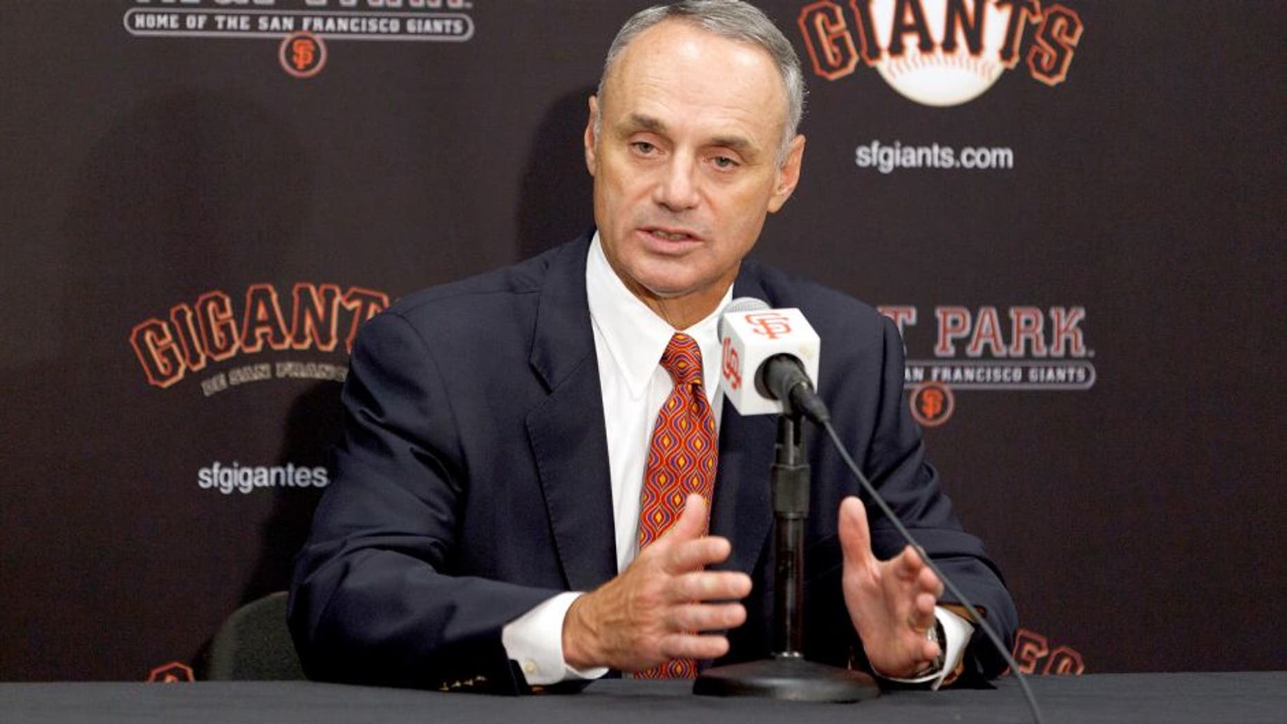 SAN FRANCISCO, CA - JUNE 25: Commissioner of Major League Baseball Rob Manfred speaks during a press conference before the game between the San Francisco Giants and the San Diego Padres at AT&T Park on June 25, 2015 in San Francisco, California. (Photo by Jason O. Watson/Getty Images)