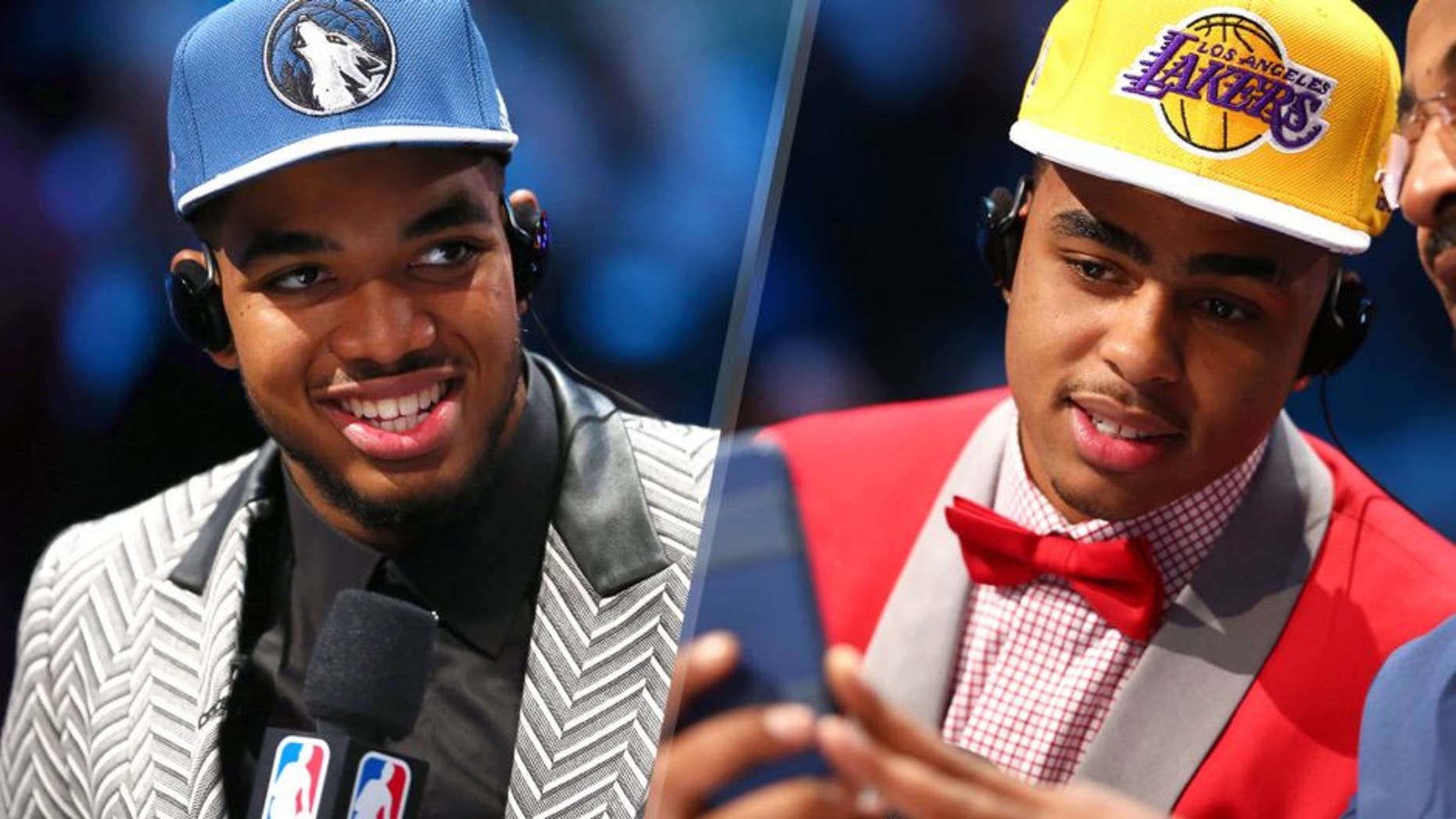 NEW YORK, NY - JUNE 25: Karl-Anthony Towns speaks to the media after being drafted first overall by the Minnesota Timberwolves in the First Round of the 2015 NBA Draft at the Barclays Center on June 25, 2015 in the Brooklyn borough of New York City. NOTE TO USER: User expressly acknowledges and agrees that, by downloading and or using this photograph, User is consenting to the terms and conditions of the Getty Images License Agreement. (Photo by Elsa/Getty Images) NEW YORK, NY - JUNE 25: D'Angelo Russell speaks to the media after being drafted second overall by the Los Angeles Lakers in the First Round of the 2015 NBA Draft at the Barclays Center on June 25, 2015 in the Brooklyn borough of New York City. NOTE TO USER: User expressly acknowledges and agrees that, by downloading and or using this photograph, User is consenting to the terms and conditions of the Getty Images License Agreement. (Photo by Elsa/Getty Images)