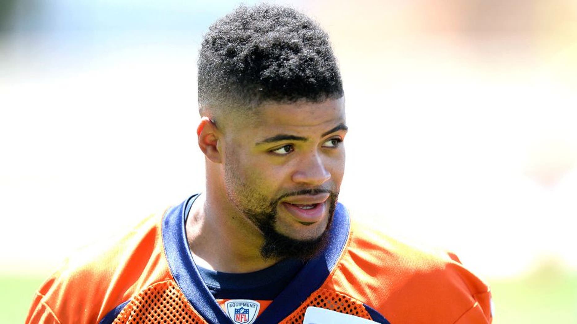 May 27, 2015; Englewood, CO, USA; Denver Broncos wide receiver Cody Latimer (14) leaves the field following organized team activities at the Broncos training facility. Mandatory Credit: Ron Chenoy-USA TODAY Sports