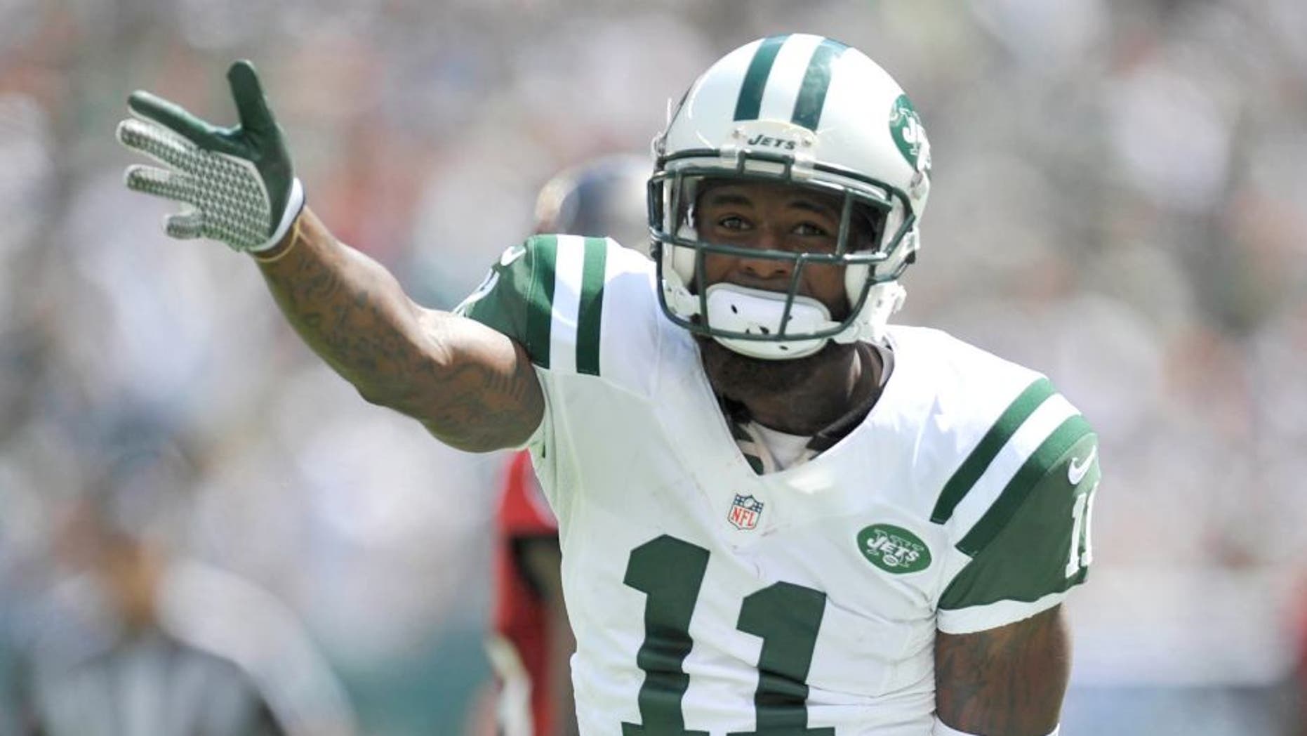 Sep 8, 2013; East Rutherford, NJ, USA; New York Jets wide receiver Jeremy Kerley (11) celebrates a first down against the Tampa Bay Buccaneers during the first half at MetLife Stadium. Mandatory Credit: Joe Camporeale-USA TODAY Sports