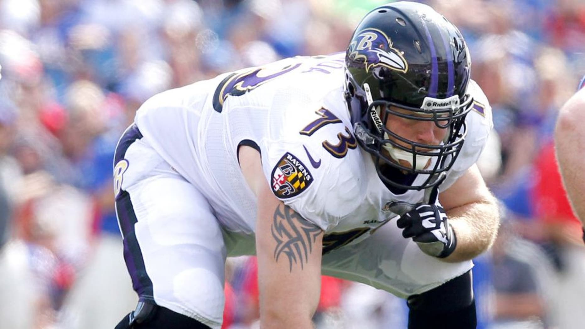 Sep 29, 2013; Orchard Park, NY, USA; Baltimore Ravens guard Marshal Yanda (73) during the game against the Buffalo Bills at Ralph Wilson Stadium. Bills beat the Ravens 23-20. Mandatory Credit: Kevin Hoffman-USA TODAY Sports