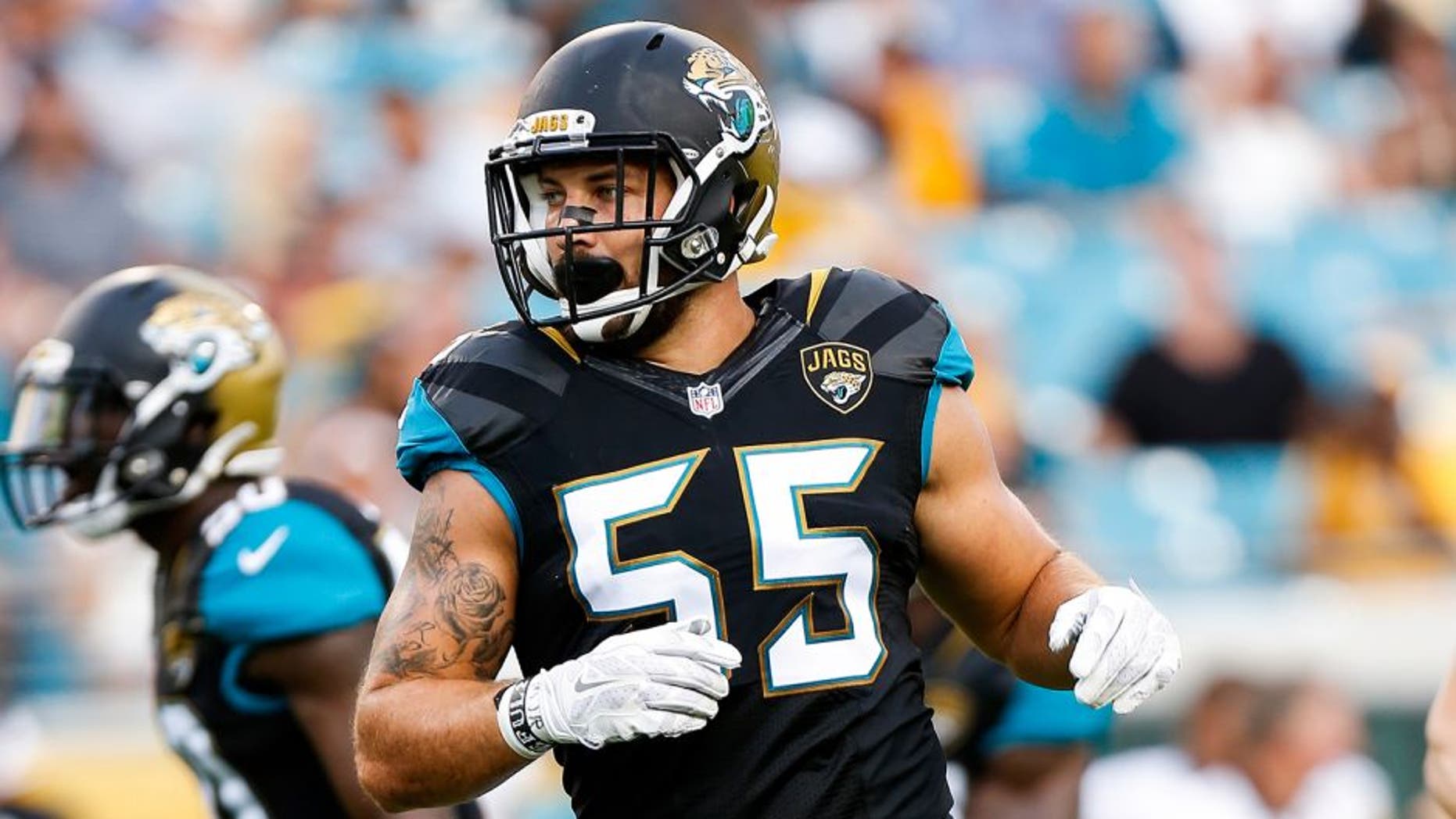 JACKSONVILLE, FL - AUGUST 14: Linebacker Dan Skuta #55 of the Jacksonville Jaguars during a preseason game against the Pittsburgh Steelers at EverBank Field on August 14, 2015 in Jacksonville, Florida. The Jaguars defeated the Steelers 23 to 21. (Photo by Don Juan Moore/Getty Images)