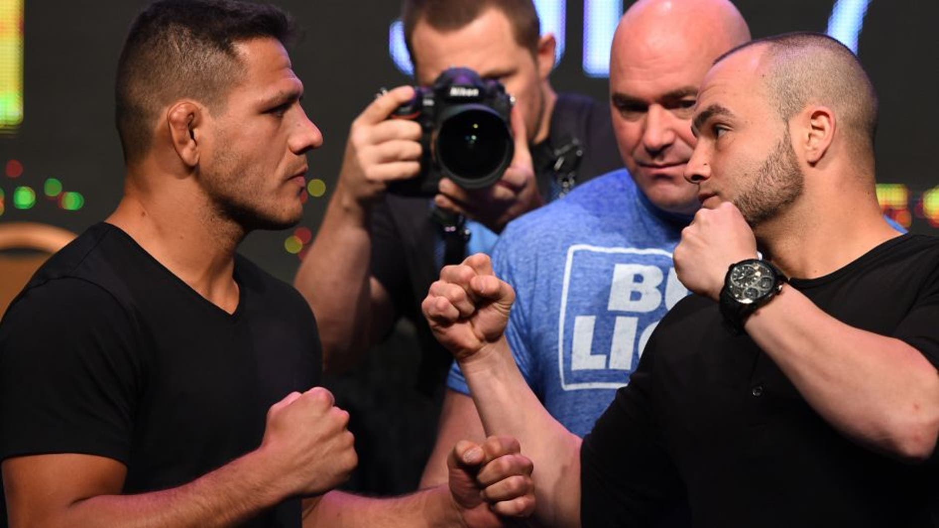 LAS VEGAS, NV - APRIL 20: (L-R) Opponents Rafael Dos Anjos of Brazil and Eddie Alvarez face off during the UFC 200 press conference at the MGM Grand Garden Arena on April 20, 2016 in Las Vegas, Nevada. (Photo by Josh Hedges/Zuffa LLC/Zuffa LLC via Getty Images)
