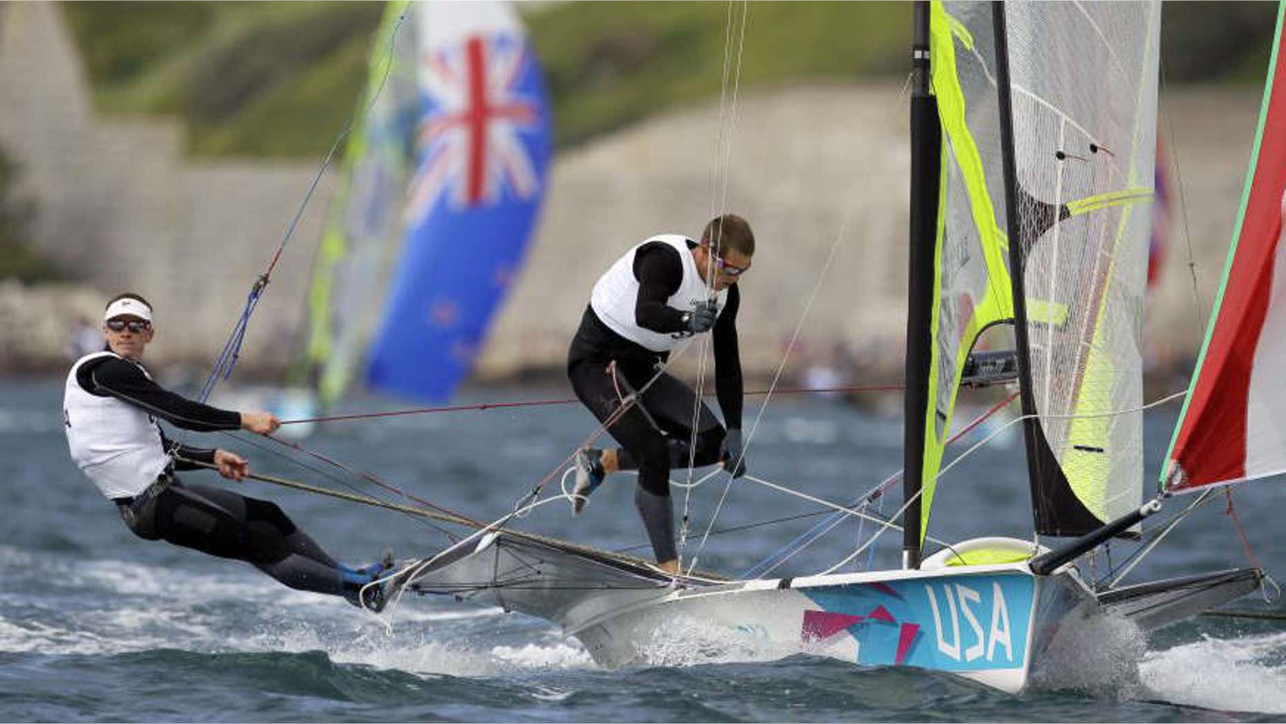 July 30, 2012: Erik Storck and Trevor Moore of U.S. sail on 49er Men's Skiff class during the race 1 at the London 2012 Summer Olympics.