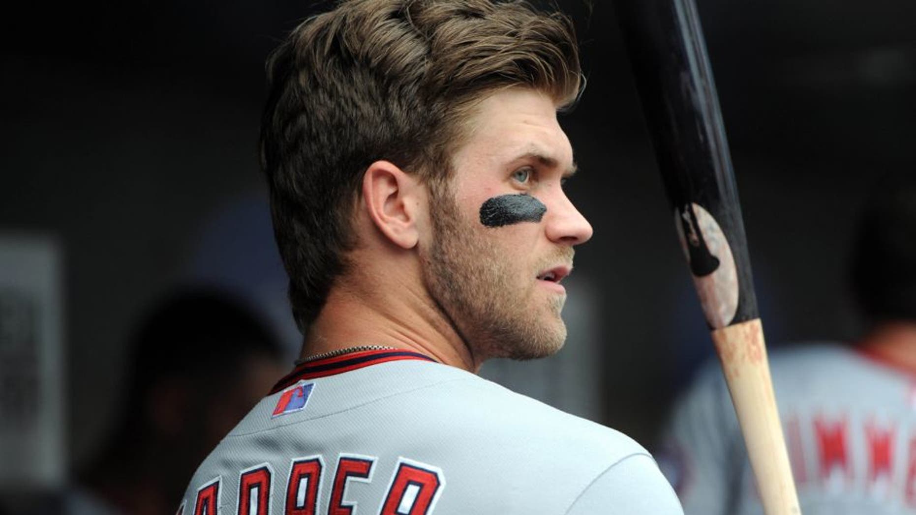 Sep 12, 2013; New York, NY, USA; Washington Nationals left fielder Bryce Harper (34) before the game against the New York Mets at Citi Field. Mandatory Credit: Joe Camporeale-USA TODAY Sports