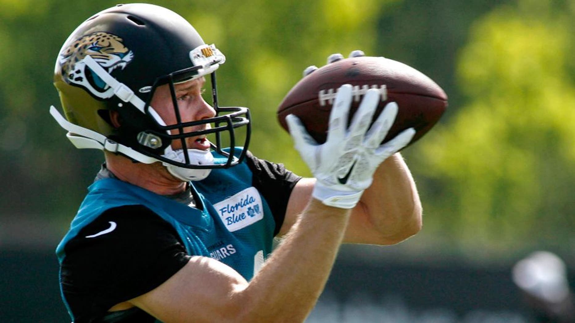 May 28, 2015; Jacksonville, FL, USA; Jacksonville Jaguars wide receiver Bryan Walters (81) catches a pass during OTAs at the Florida Blue Health and Wellness Practice Fields. Mandatory Credit: Phil Sears-USA TODAY Sports