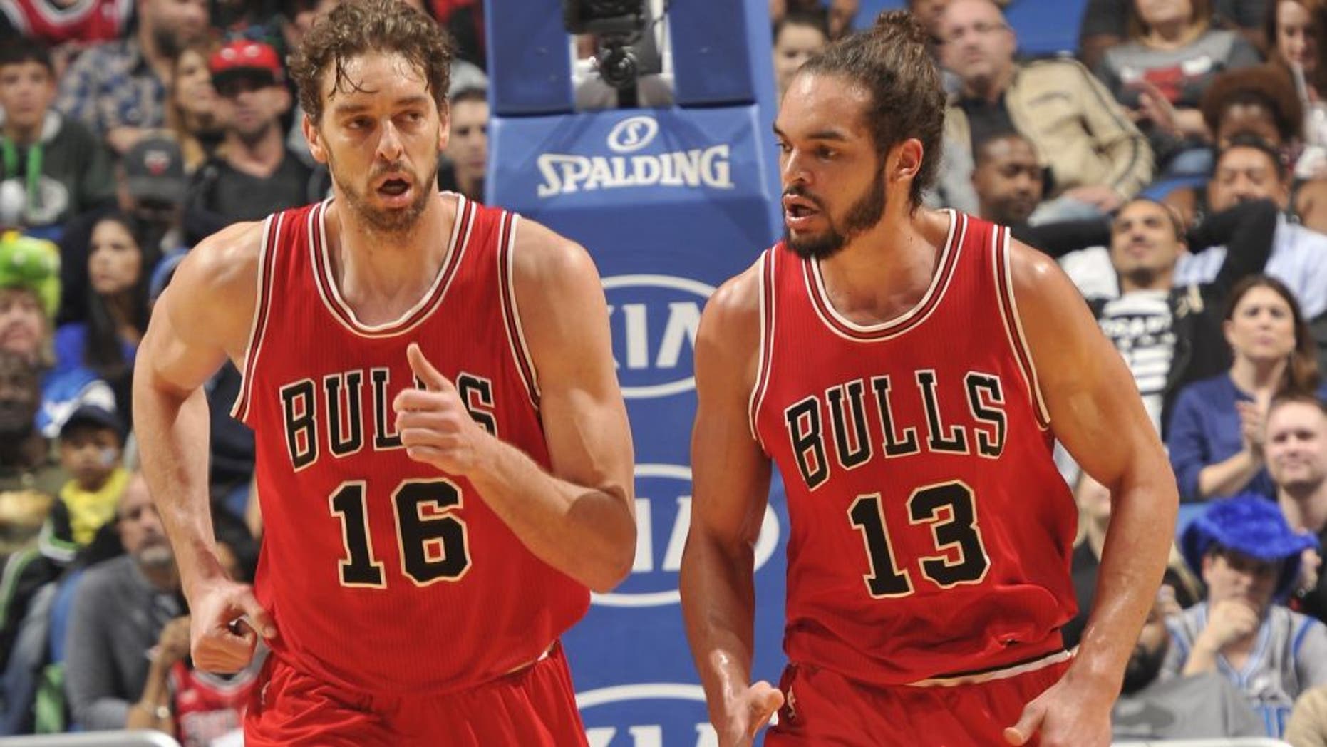 ORLANDO, FL - FEBRUARY 8: Pau Gasol #16 and Joakim Noah #13 of the Chicago Bulls during the game against the Orlando Magic on February 8, 2015 at Amway Center in Orlando, Florida. NOTE TO USER: User expressly acknowledges and agrees that, by downloading and or using this photograph, User is consenting to the terms and conditions of the Getty Images License Agreement. Mandatory Copyright Notice: Copyright 2015 NBAE (Photo by Fernando Medina/NBAE via Getty Images)