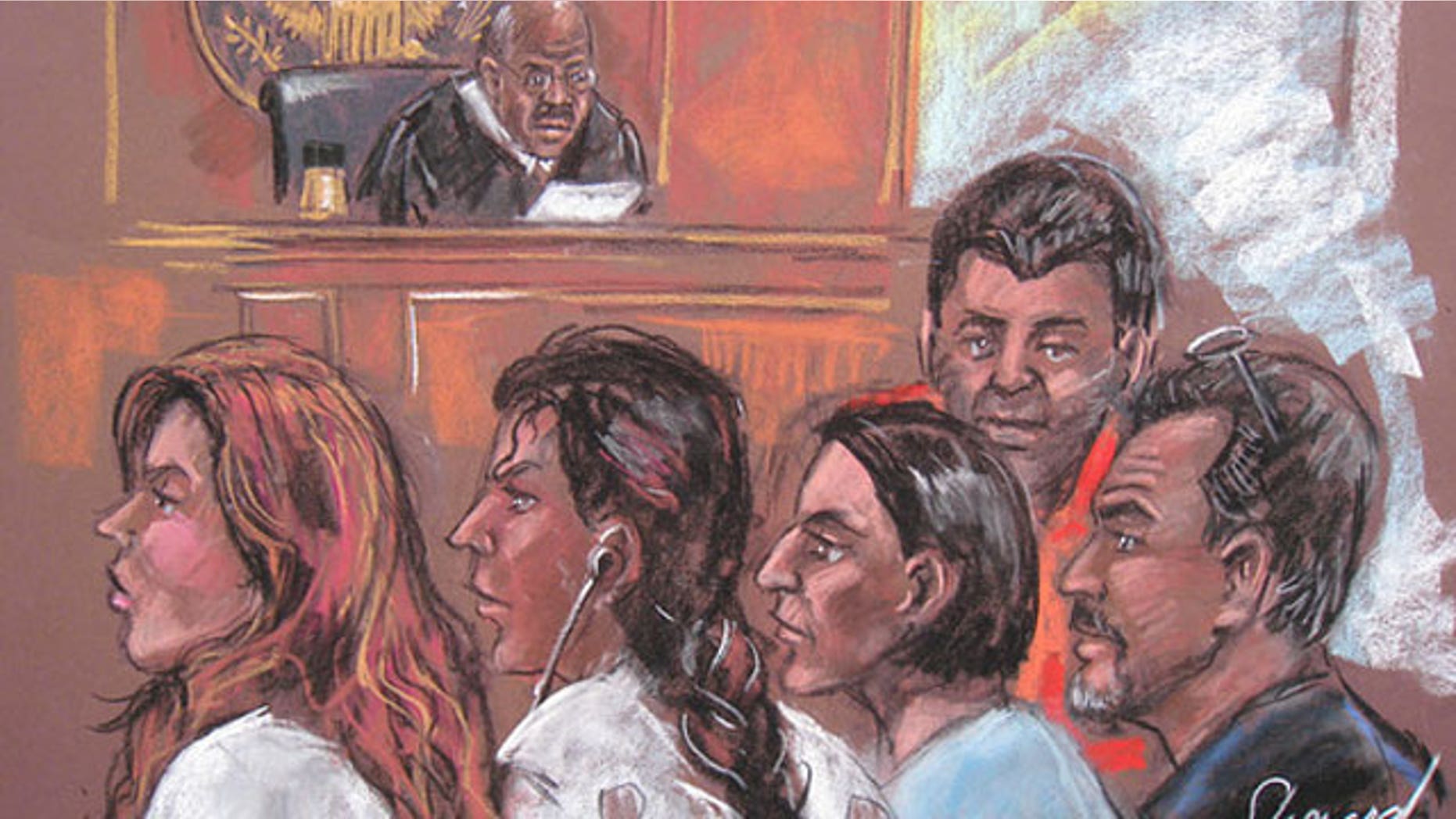June 28: A court drawing shows five of the 11 alleged spies in a New York court appearance following their arrests (AFP).