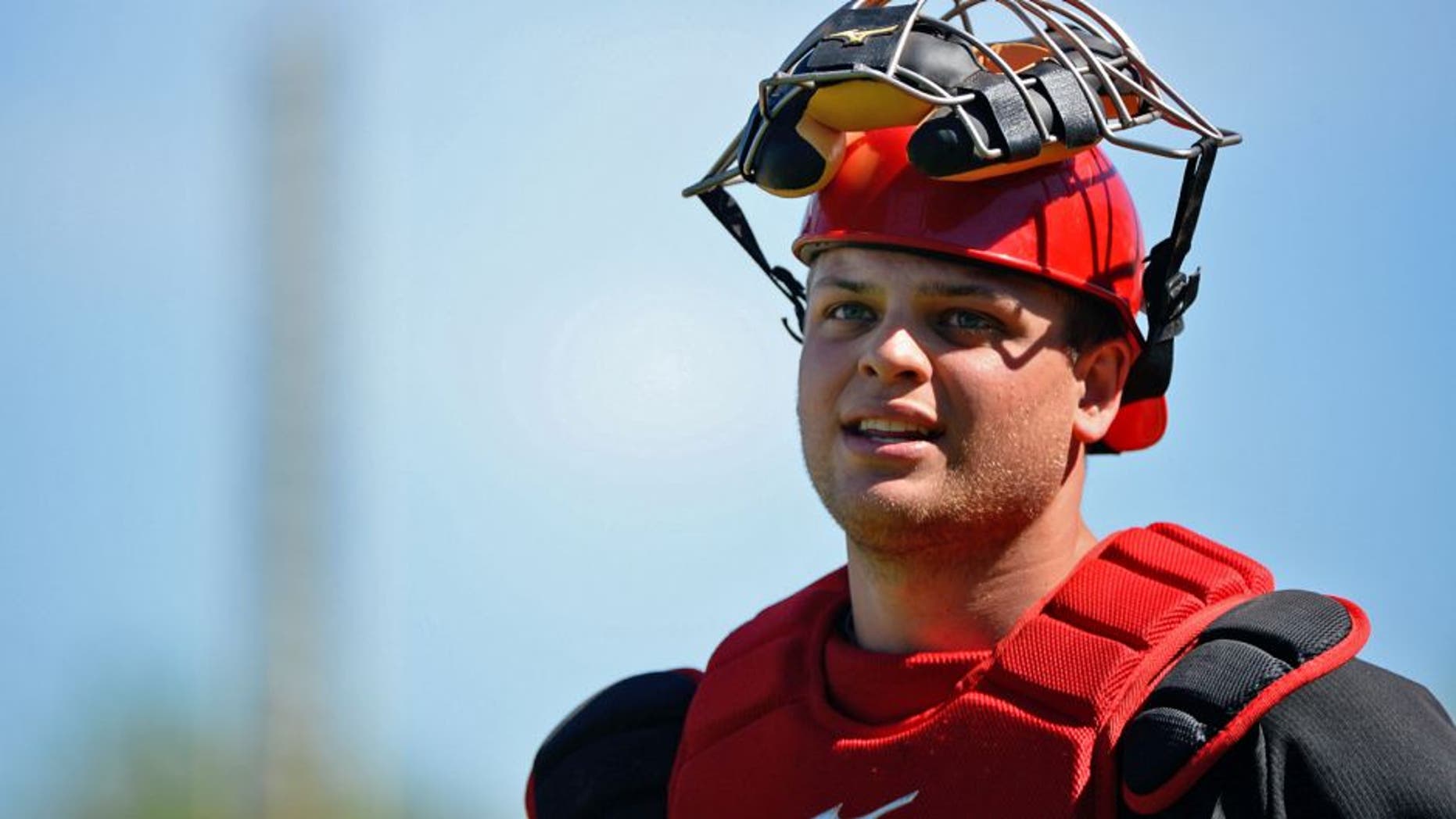 Mar 10, 2014; Surprise, AZ, USA; Cincinnati Reds catcher Devin Mesoraco (39) after the first inning against the Texas Rangers at Surprise Stadium. Mandatory Credit: Christopher Hanewinckel-USA TODAY Sports