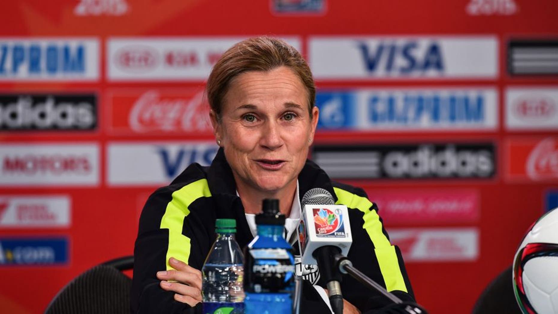 USA national team coach Jill Ellis speaks at a press conference at Lansdowne Stadium in Ottawa on June 25, 2015 on the eve of their 2015 FIFA Women's World Cup quarterfinal match against China. AFP PHOTO/NICHOLAS KAMM (Photo credit should read NICHOLAS KAMM/AFP/Getty Images)