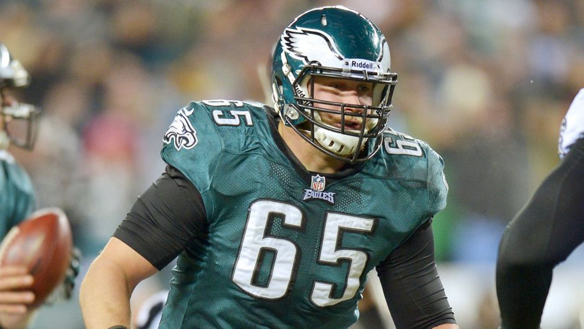 PHILADELPHIA, PA - JANUARY 04: Lane Johnson #65 of the Philadelphia Eagles blocks against the New Orleans Saints at Lincoln Financial Field on January 4, 2014 in Philadelphia, Pennsylvania. The Saints won 26-24. (Photo by Drew Hallowell/Philadelphia Eagles/Getty Images) *** Local Caption *** Lane Johnson