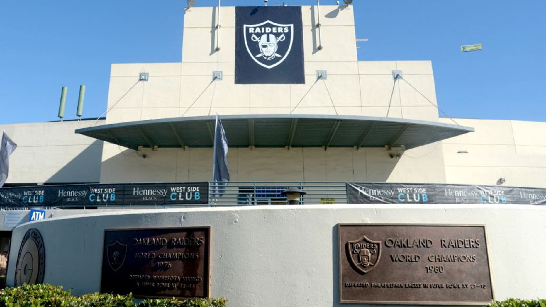 Nov 4, 2012; Oakland, CA, USA; General view of the O.co Coliseum exterior with commemorative plaques of the Oakland Raiders victories in Super Bowl XI and XV. Mandatory Credit: Kirby Lee/Image of Sport-USA TODAY Sports