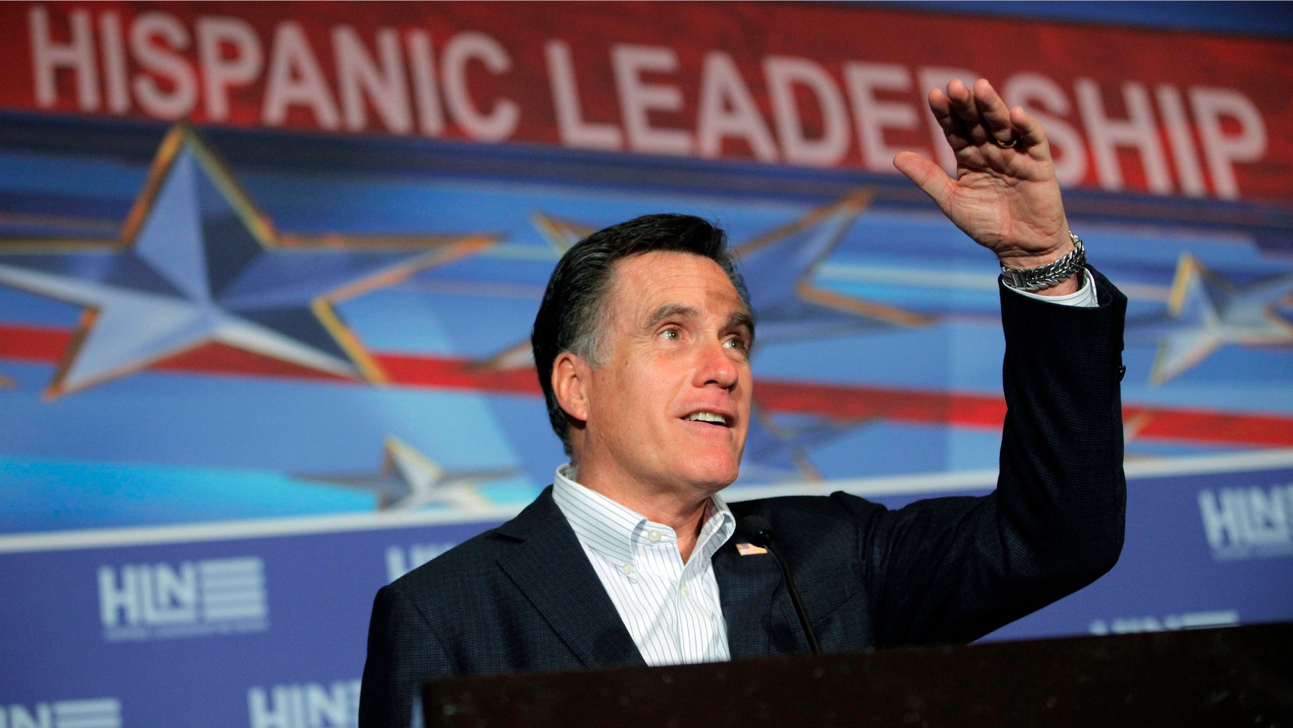 Republican presidential candidate, former Massachusetts Gov. Mitt Romney campaigns at The Hispanic Leadership Network's Lunch at Doral Golf Resort and Spa in Miami, Fla., Friday, Jan. 27, 2012. (AP Photo/Charles Dharapak)