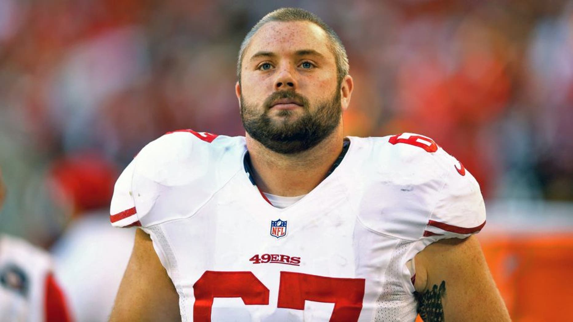 Dec 29, 2013; Phoenix, AZ, USA; San Francisco 49ers guard Daniel Kilgore against the Arizona Cardinals at University of Phoenix Stadium. Mandatory Credit: Mark J. Rebilas-USA TODAY Sports