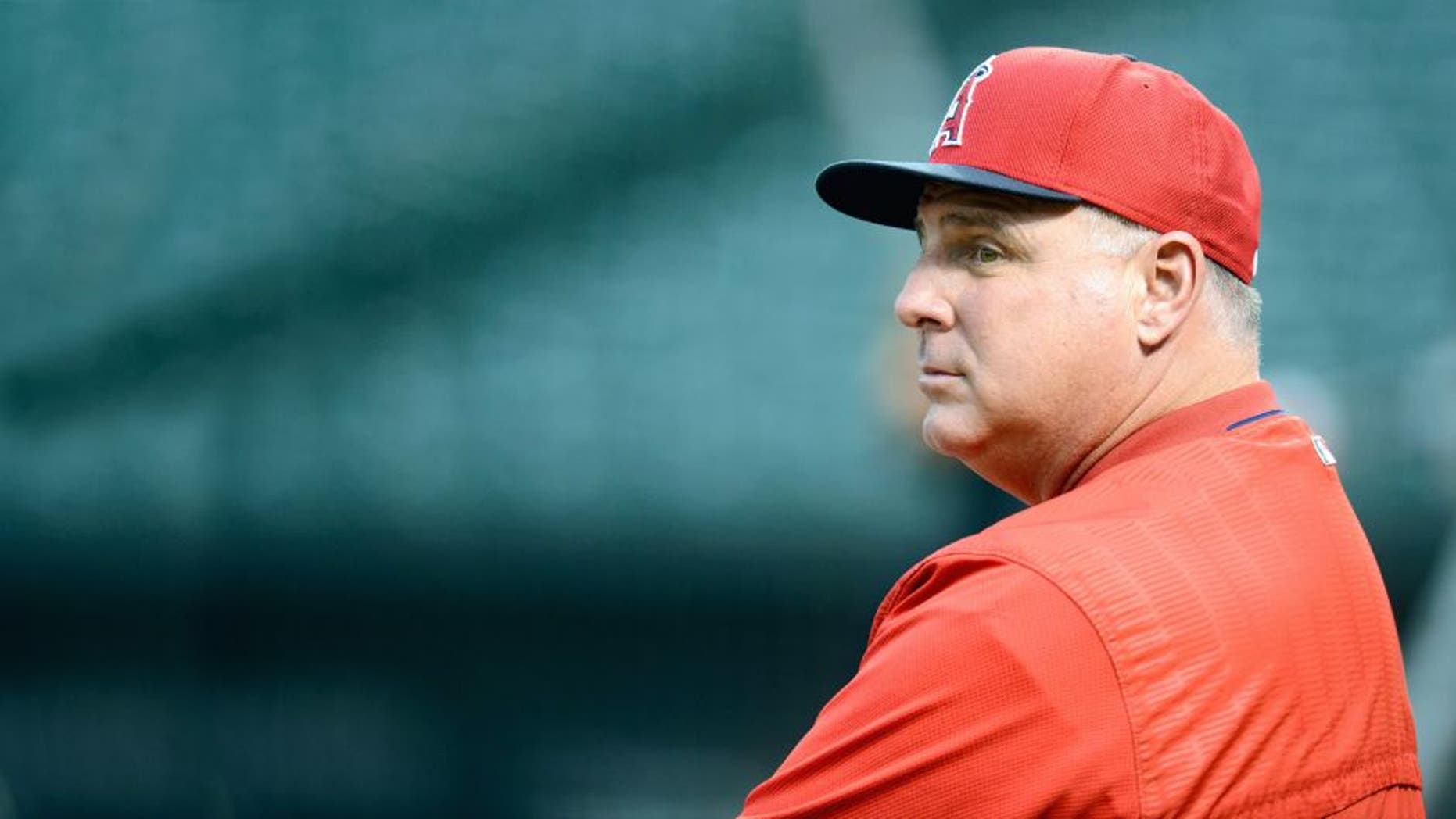 BALTIMORE, MD - MAY 16: Manager Mike Scioscia #14 of the Los Angeles Angels watches batting practice before the game against the Baltimore Orioles at Oriole Park at Camden Yards on May 16, 2015 in Baltimore, Maryland. (Photo by G Fiume/Getty Images)