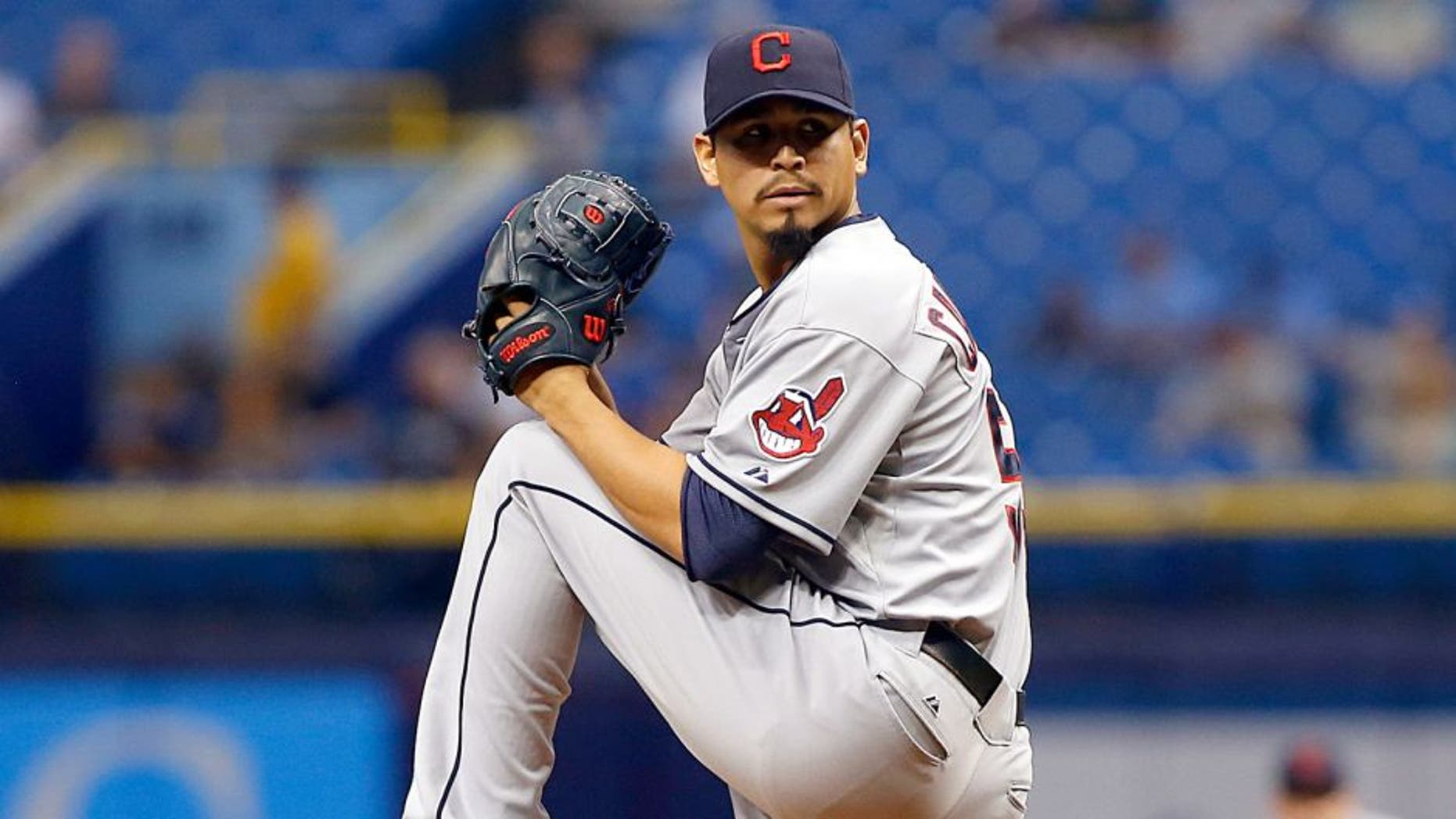 Carlos Carrasco #59 of the Cleveland Indians pitches during the first inning of a game against the Tampa Bay Rays on July 1, 2015 at Tropicana Field in St. Petersburg, Florida. (Photo by Brian Blanco/Getty Images)