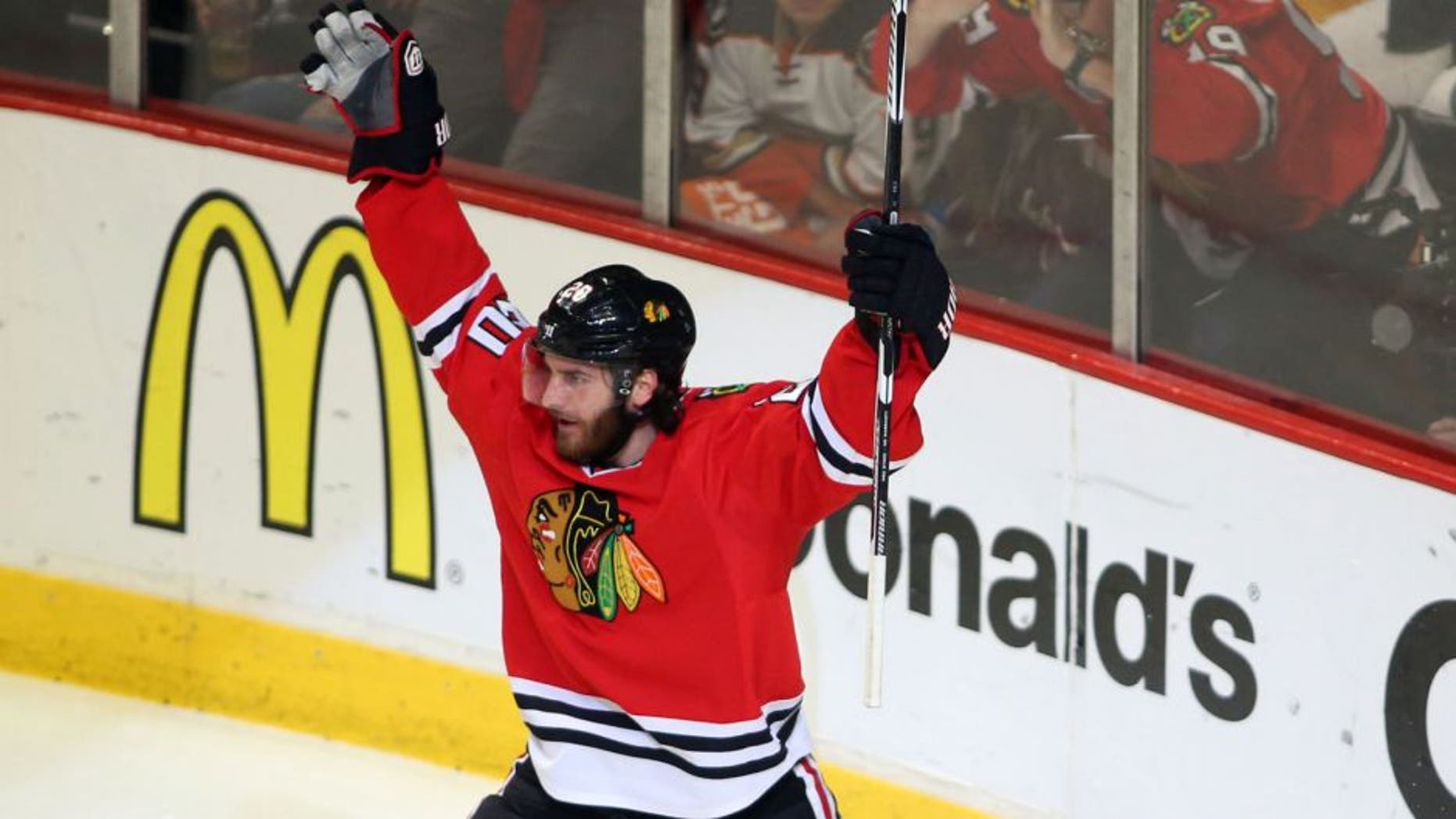 May 27, 2015; Chicago, IL, USA; Chicago Blackhawks left wing Brandon Saad (20) celebrates after scoring a goal against the Anaheim Ducks in the second period in game six of the Western Conference Final of the 2015 Stanley Cup Playoffs at United Center. Mandatory Credit: Jerry Lai-USA TODAY Sports