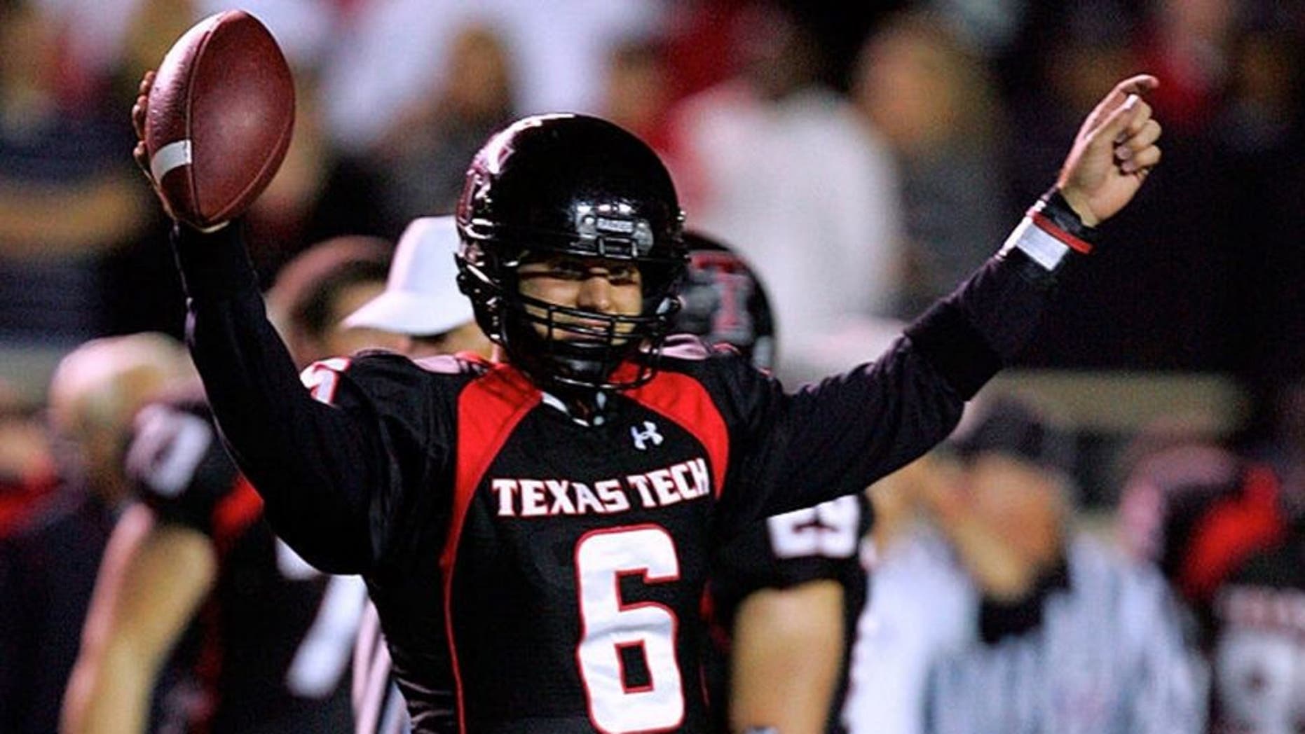 LUBBOCK, TX - NOVEMBER 17: Quarterback Graham Harrell #6 of the Texas Tech Red Raiders reacts after a 34-27 win against the Oklahoma Sooners at Jones AT&T Stadium on November 17, 2007 in Lubbock, Texas. (Photo by Ronald Martinez/Getty Images)