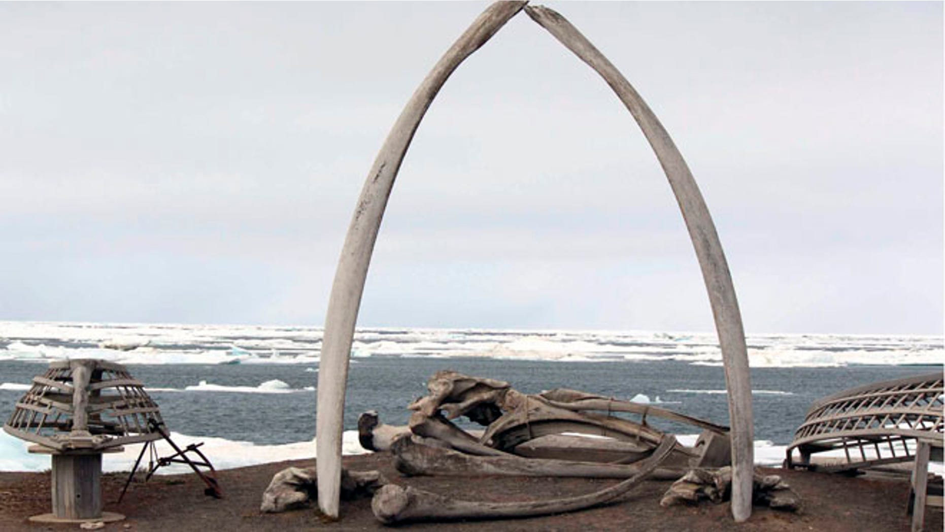 July 16, 2012: A whalebone arch sits on the Barrow, Alaska, shoreline as ice floats in the Arctic Ocean in the background.