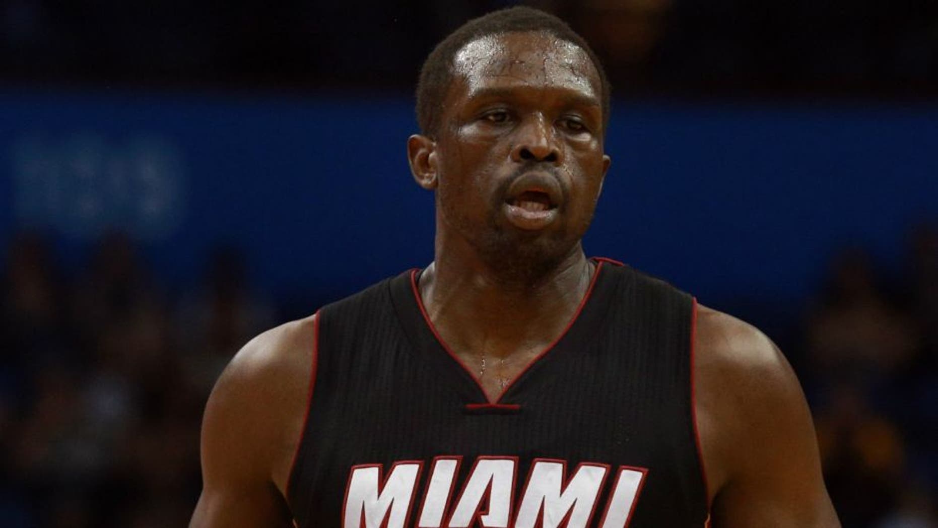 Apr 8, 2016; Orlando, FL, USA;Miami Heat forward Luol Deng (9) during the first quarter at Amway Center. Mandatory Credit: Kim Klement-USA TODAY Sports