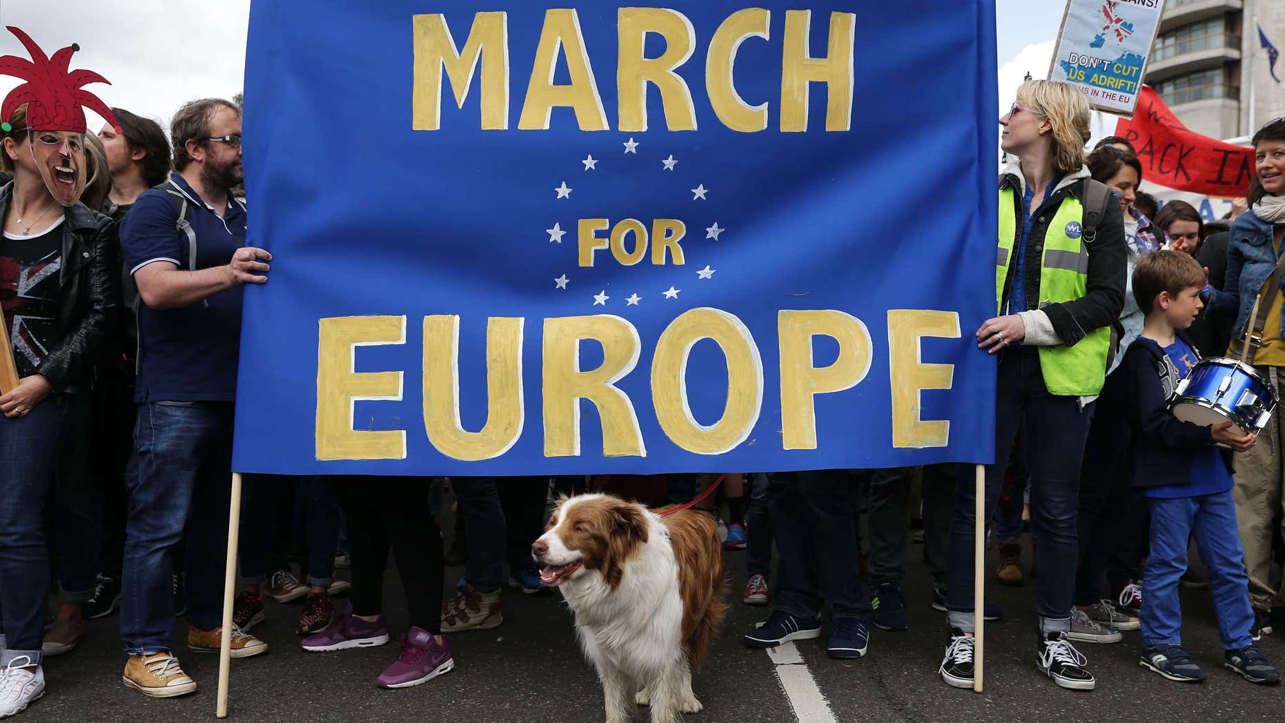 July 2, 2016: "Remain" supporters gather on Park Lane in London, before marching to Parliament Square to show their support for the European Union in the wake of the referendum decision for Britain to leave the EU, known as "Brexit."