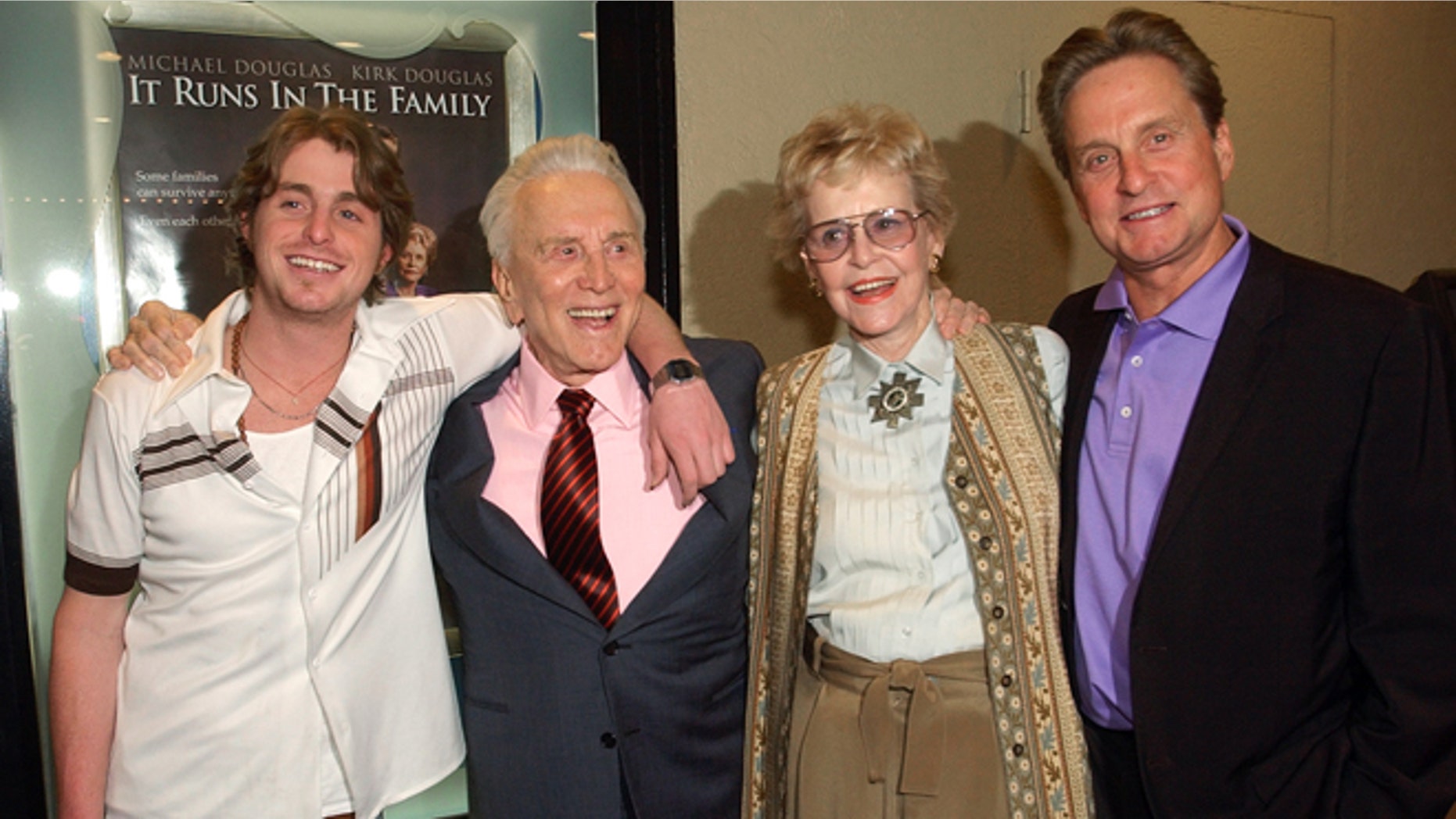 April 7, 2003: Actor Kirk Douglas, second from left, poses with his ex-wife Diana Douglas, second from right, their son Michael Douglas, right, and Michael's son Cameron Douglas, left, at a special screening of the film "It Runs in the Family" in Los Angeles.
