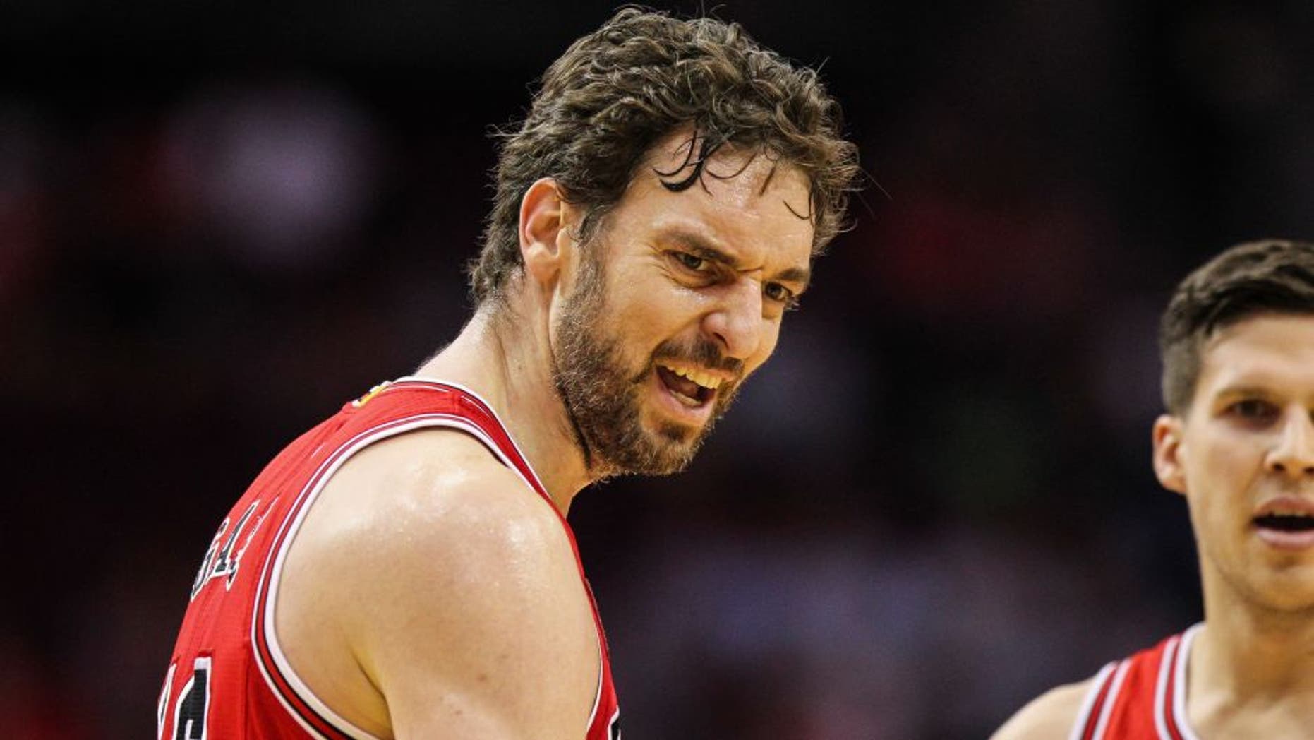 Mar 31, 2016; Houston, TX, USA; Chicago Bulls center Pau Gasol (16) reacts after a play during the first quarter against the Houston Rockets at Toyota Center. Mandatory Credit: Troy Taormina-USA TODAY Sports