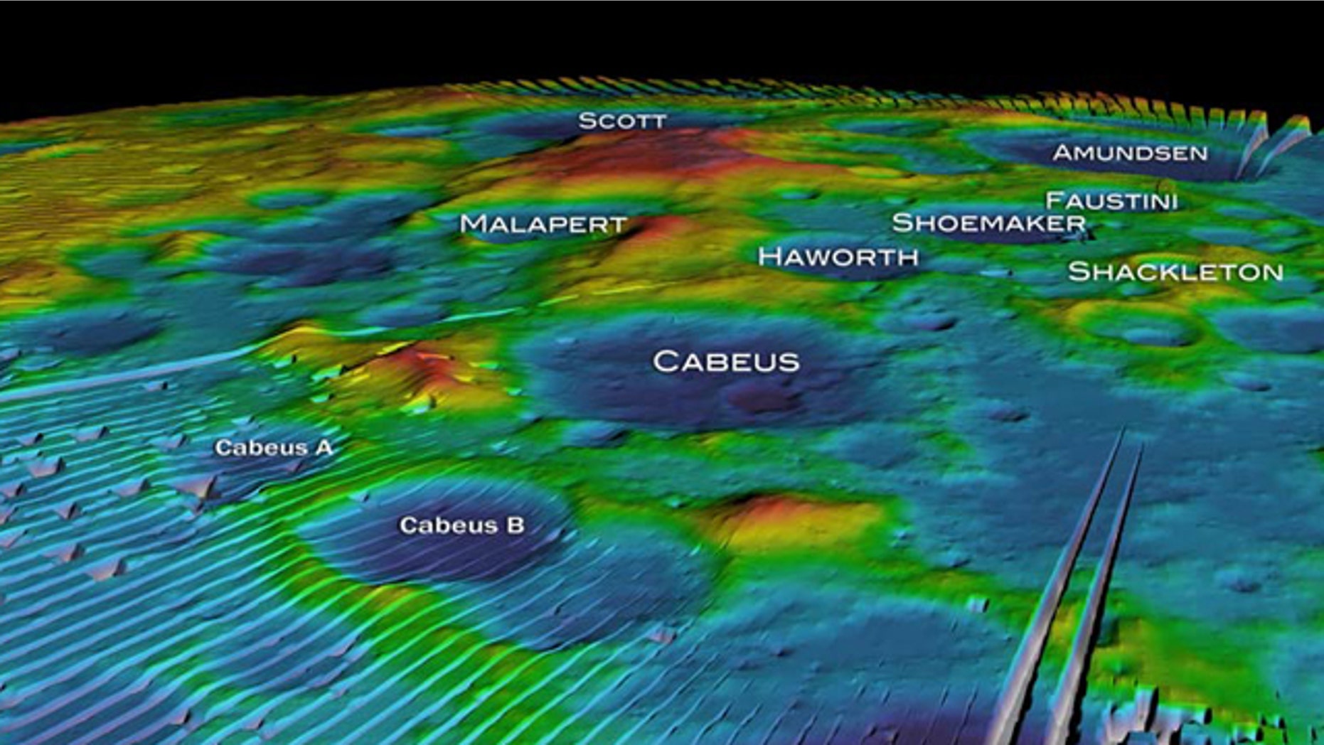 This mosaic, taken from a NASA animation, shows altitude measurements of the moon's south pole from the LOLA instrument aboard the Lunar Reconnaissance Orbiter.