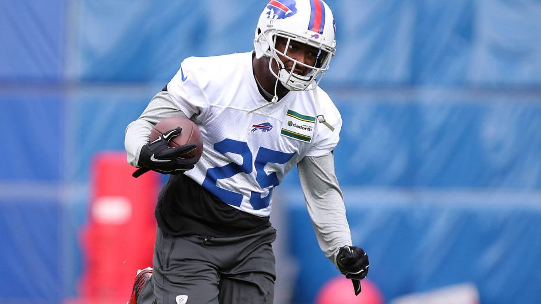 May 26, 2015; Orchard Park, NY, USA; Buffalo Bills running back LeSean McCoy (25) runs with the ball during the organized team activities at the ADPRO Sports Training Center. Mandatory Credit: Kevin Hoffman-USA TODAY Sports