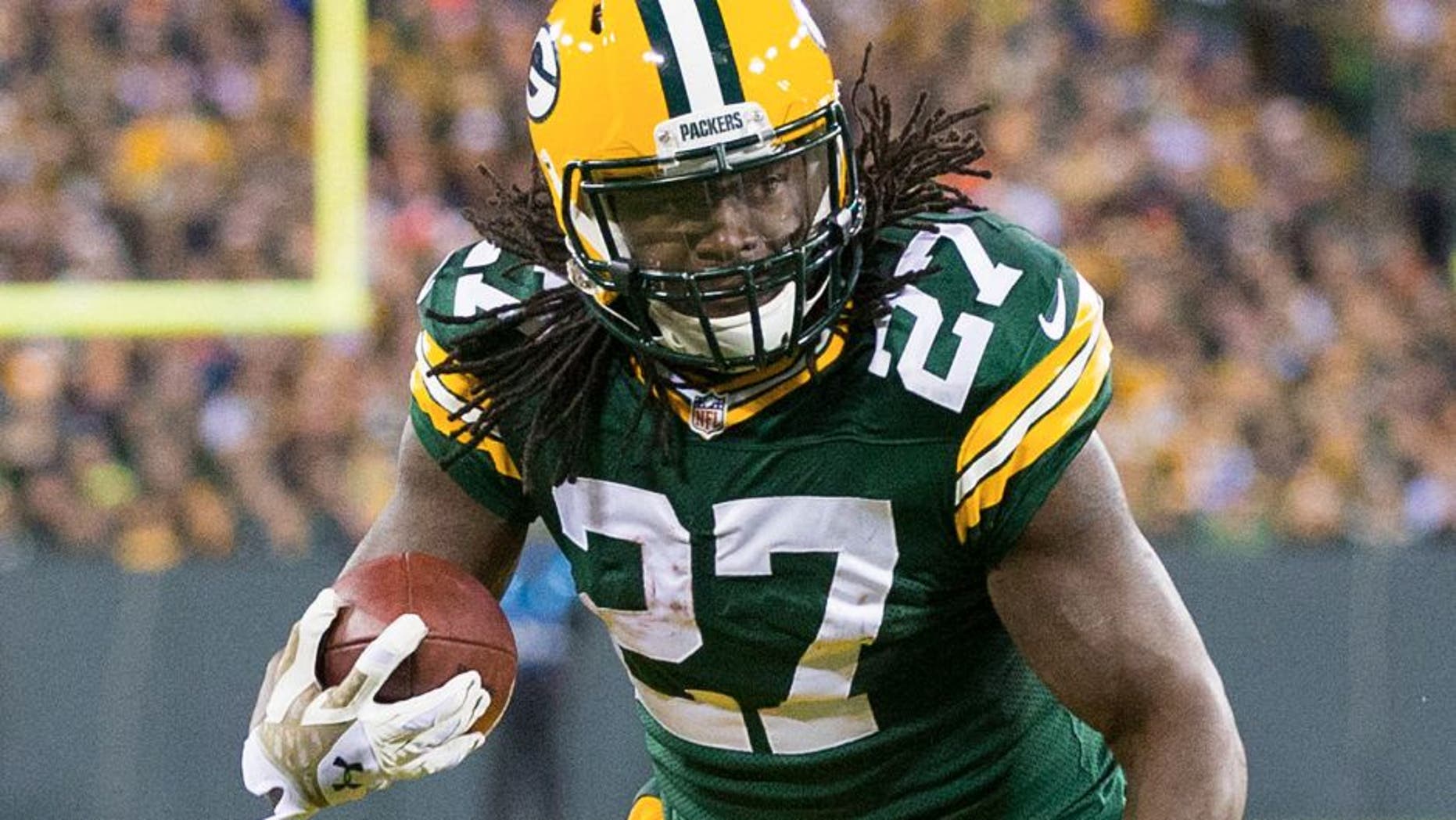 Nov 9, 2014; Green Bay, WI, USA; Green Bay Packers running back Eddie Lacy (27) during the game against the Chicago Bears at Lambeau Field. Green Bay won 55-14. Mandatory Credit: Jeff Hanisch-USA TODAY Sports