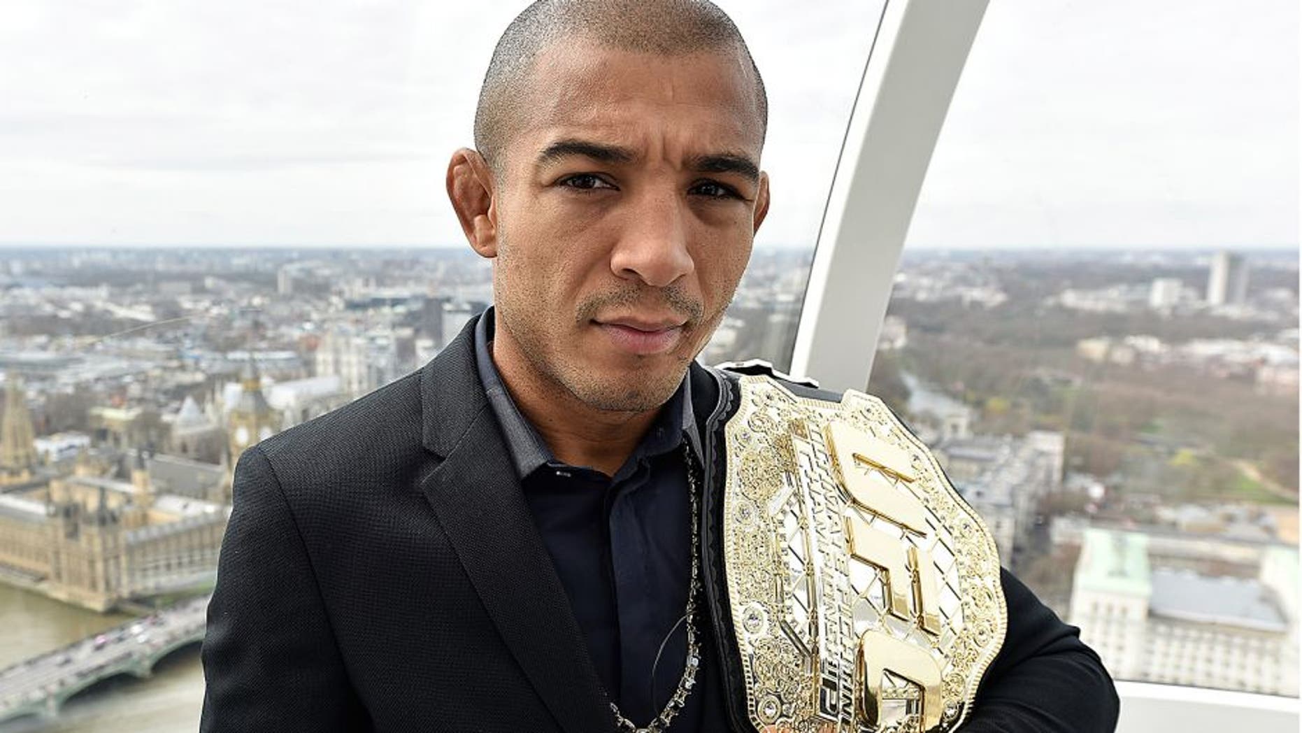 LONDON, ENGLAND - MARCH 30: UFC Featherweight Champion Jose Aldo of Brazil visits The London Eye during the UFC 189 World Championship Press Tour on March 30, 2015 in London, England. (Photo by Jeff Bottari/Zuffa LLC/Zuffa LLC via Getty Images)