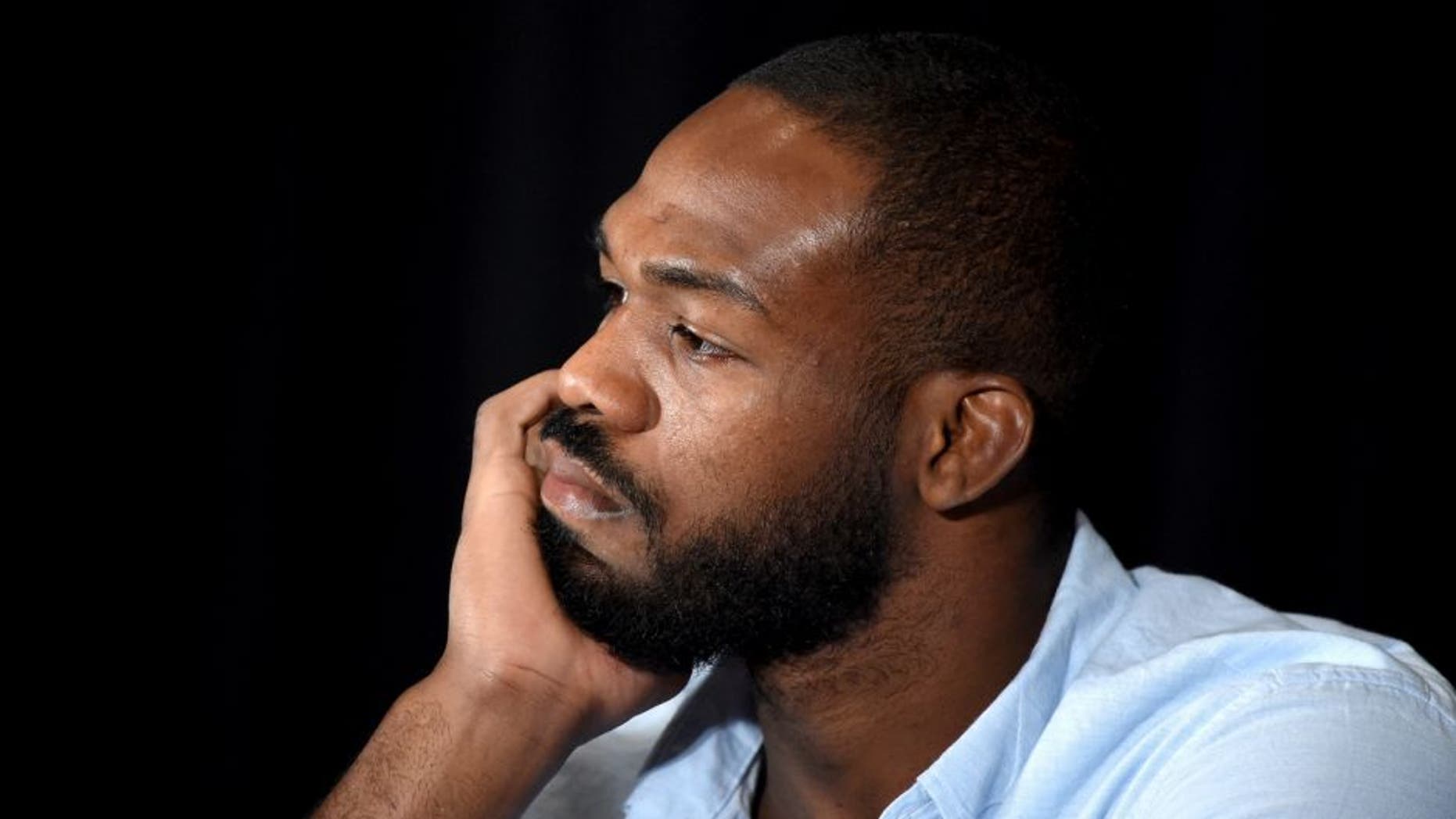 LAS VEGAS, NV - JULY 07: Mixed martial artist Jon Jones takes questions during a news conference at MGM Grand Hotel & Casino to address being pulled from his light heavyweight title fight at UFC 200 against Daniel Cormier due to a potential violation of the UFC's anti-doping policy on July 7, 2016 in Las Vegas, Nevada. (Photo by Ethan Miller/Getty Images)