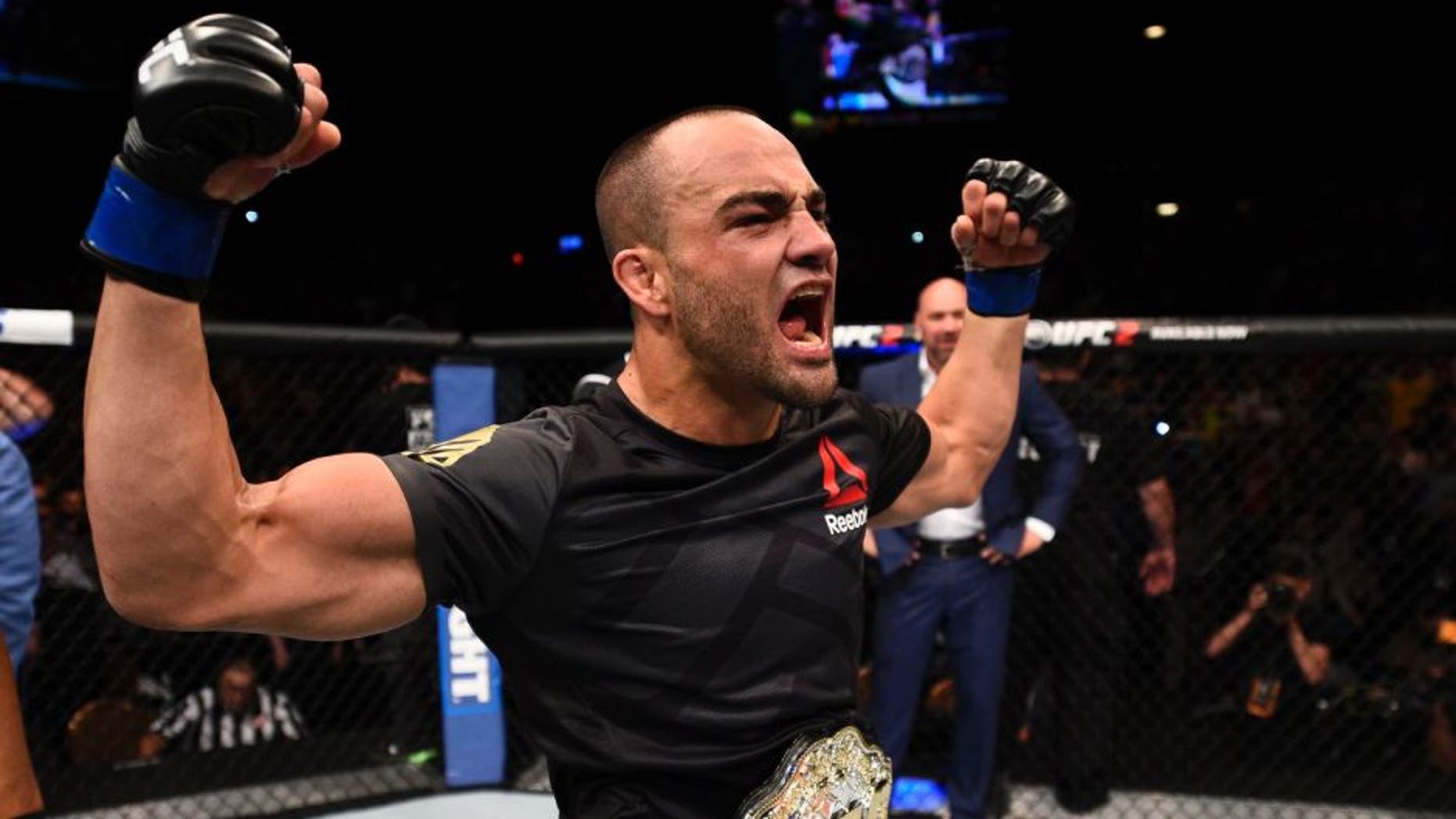LAS VEGAS, NV - JULY 07: Eddie Alvarez celebrates after defeating Rafael Dos Anjos in their lightweight championship bout during the UFC Fight Night event inside the MGM Grand Garden Arena on July 7, 2016 in Las Vegas, Nevada. (Photo by Jeff Bottari/Zuffa LLC/Zuffa LLC via Getty Images)