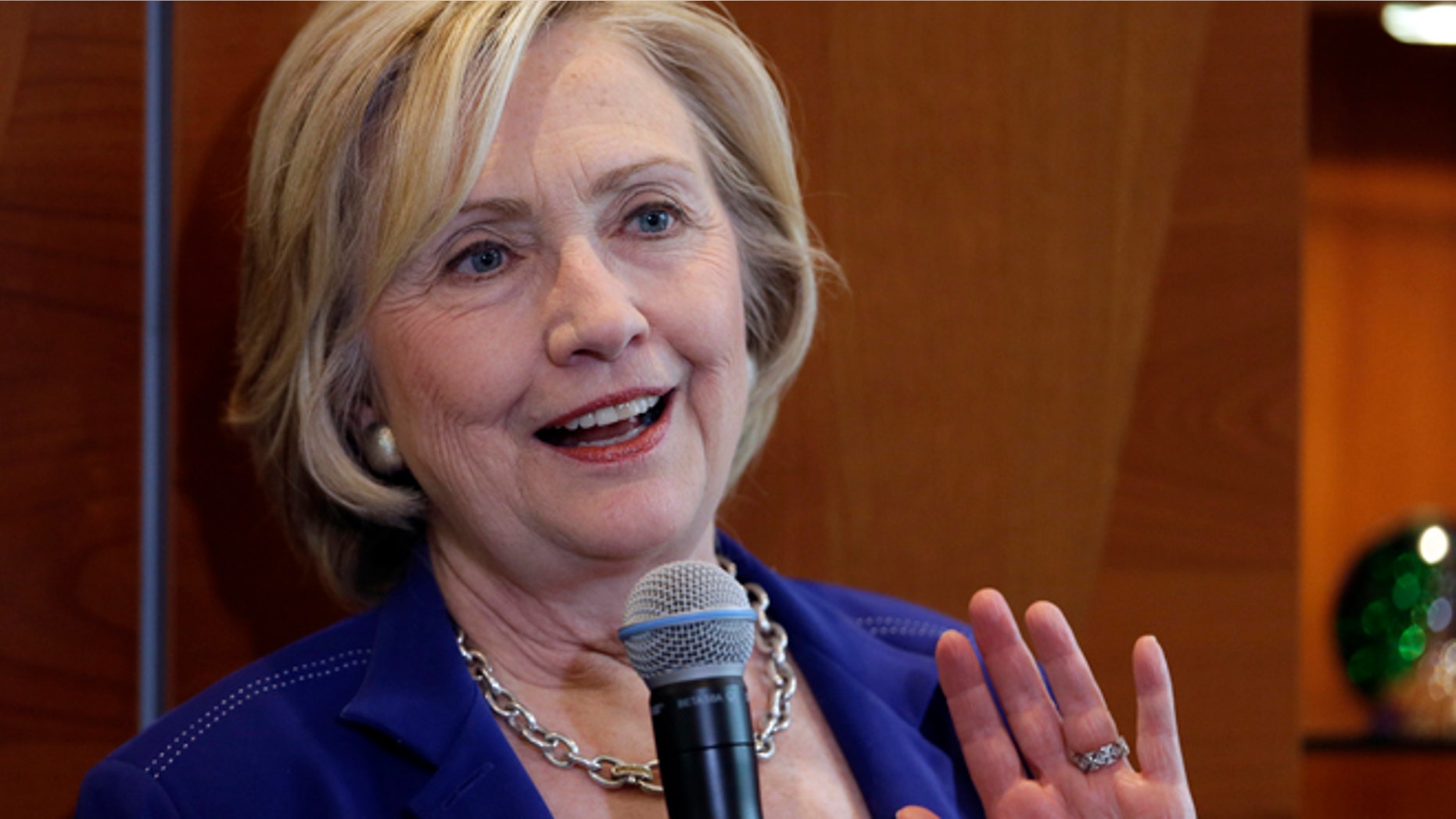 July 7, 2015: Democratic presidential candidate Hillary Rodham Clinton speaks during a house party hosted by Nancy Emanuel, a retired Nurse and former instructor at Indian Hills Community College in Ottumwa, and her husband, Dennis Emanuel, an attorney in Ottumwa, Iowa.