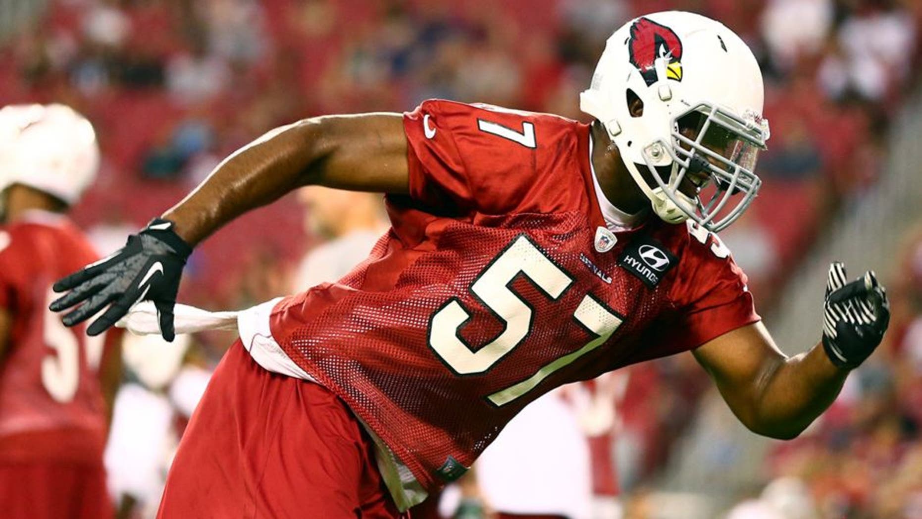 Jun. 11, 2013; Glendale, AZ, USA: Arizona Cardinals linebacker Alex Okafor during mini camp at University of Phoenix Stadium. Mandatory Credit: Mark J. Rebilas-USA TODAY Sports