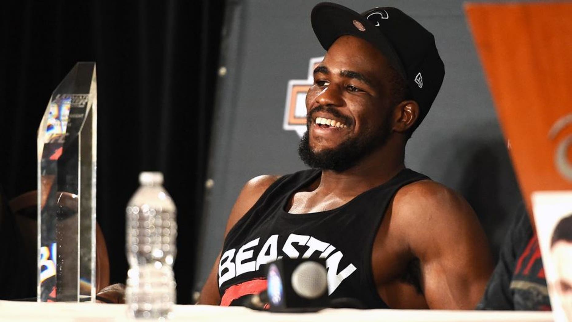 LAS VEGAS, NV - JULY 6: Corey Anderson speaks during the Ultimate Fighter Finale post fight press conference inside the Mandalay Bay Events Center on July 6, 2014 in Las Vegas, Nevada. (Photo by Jeff Bottari/Zuffa LLC/Zuffa LLC via Getty Images) *** Local Caption *** Corey Anderson