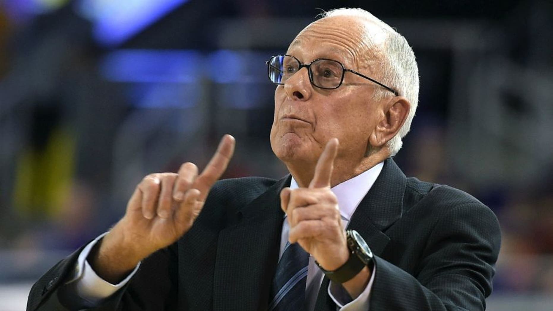 GREENVILLE, NC - JANUARY 13: Head coach Larry Brown of the SMU Mustangs directs his team against the East Carolina Pirates at Williams Arena at Minges Coliseum on January 13, 2016 in Greenville, North Carolina. (Photo by Lance King/Getty Images)