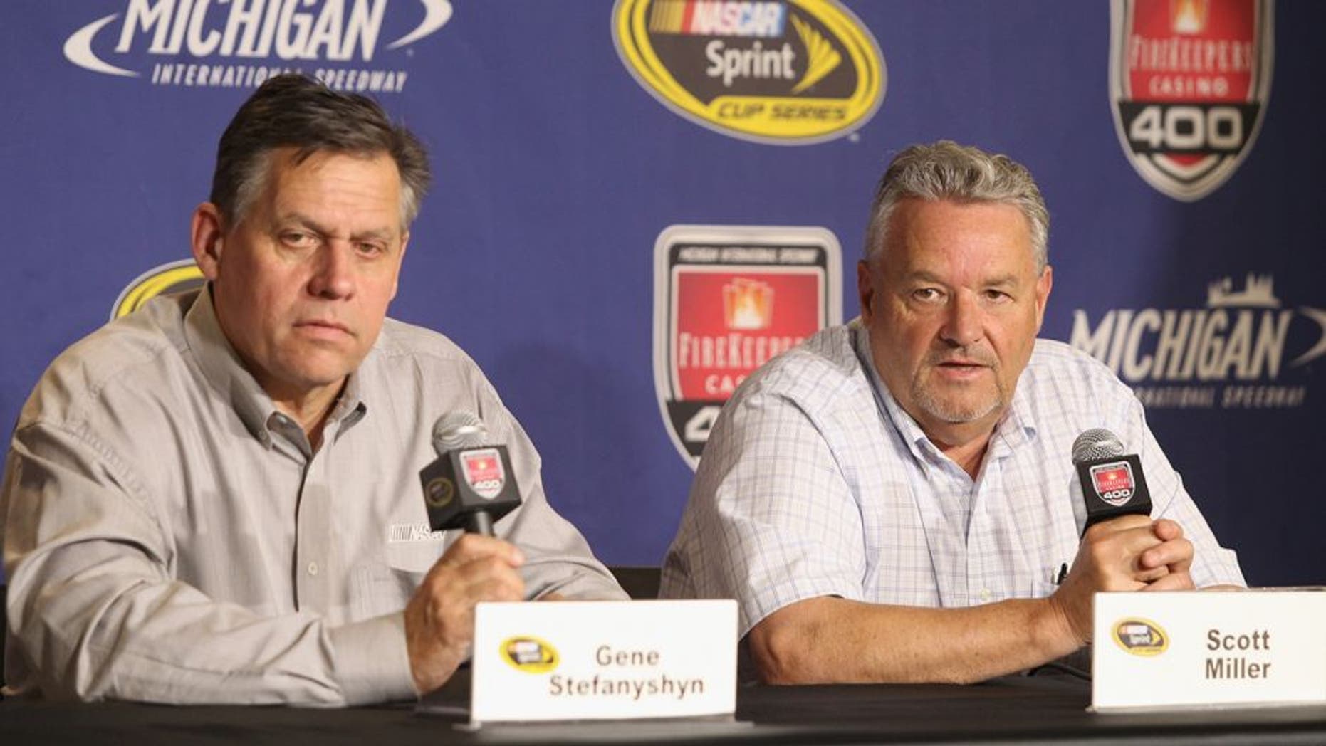 BROOKLYN, MI - JUNE 10: Gene Stefanyshyn, NASCAR Senior Vice President, Innovation and Racing Development and Scott Miller, NASCAR Senior VP of Competition address the media during practice for the NASCAR Sprint Cup Series FireKeepers Casino 400 at Michigan International Speedway on June 10, 2016 in Brooklyn, Michigan. (Photo by Kena Krutsinger/Getty Images )