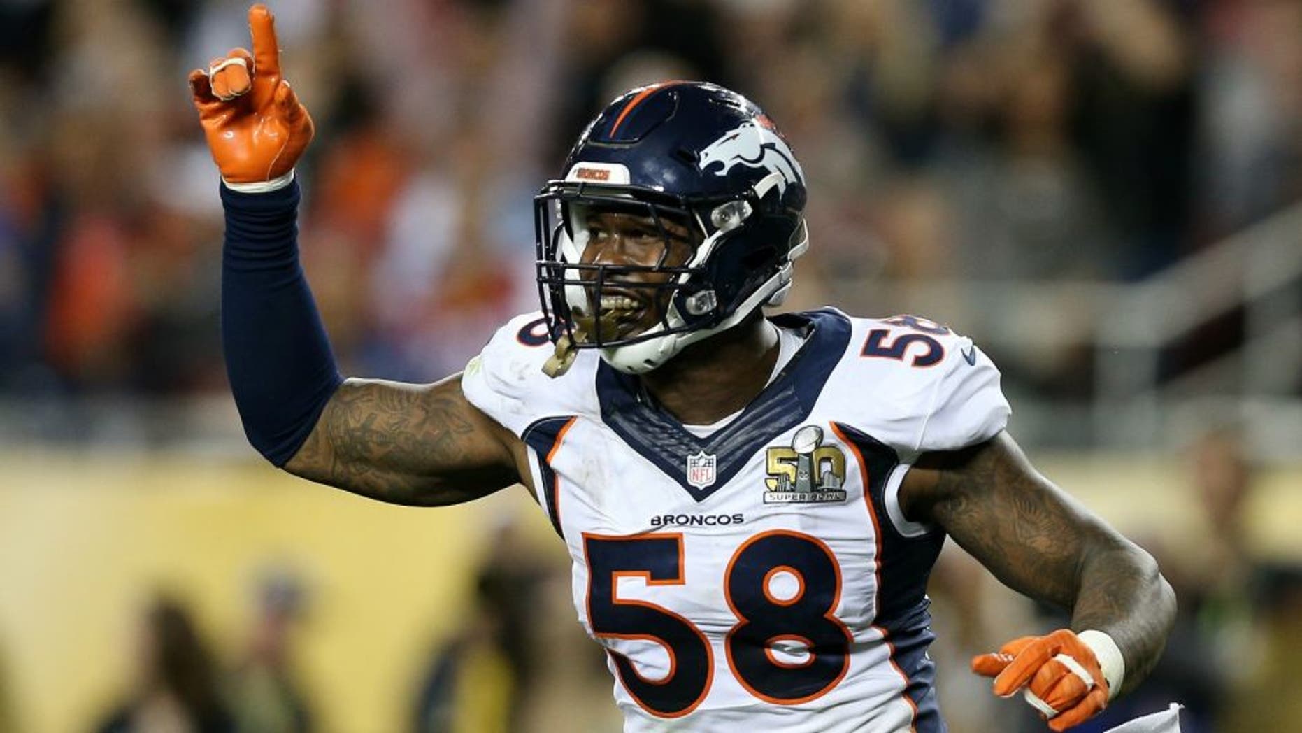during Super Bowl 50 at Levi's Stadium on February 7, 2016 in Santa Clara, California.,SANTA CLARA, CA - FEBRUARY 07: Von Miller #58 of the Denver Broncos reacts after a play against the Carolina Panthers in the fourth quarter during Super Bowl 50 at Levi's Stadium on February 7, 2016 in Santa Clara, California. (Photo by Patrick Smith/Getty Images)