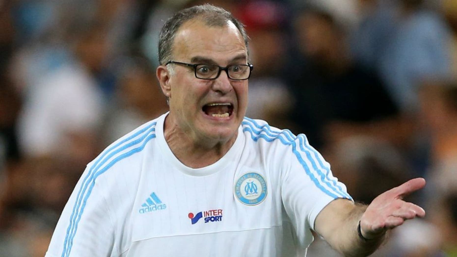 MARSEILLE - AUGUST 8: Coach of OM Marcelo Bielsa reacts during the French Ligue 1 match between Olympique de Marseille (OM) and SM Caen at Stade Velodrome on August 8, 2015 in Marseille, France. (Photo by Jean Catuffe/Getty Images)
