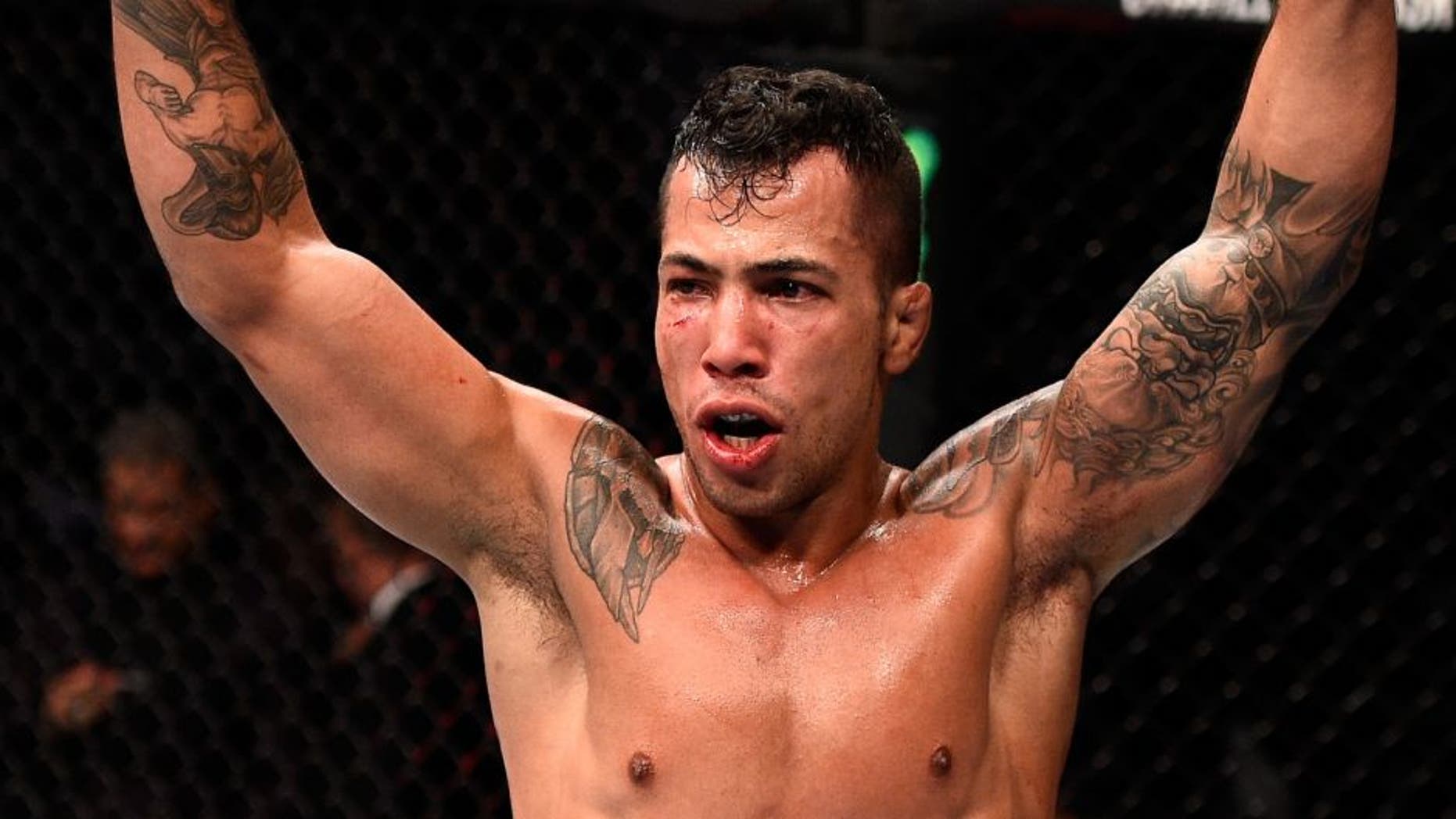 LAS VEGAS, NV - SEPTEMBER 05: Joaquim Silva reacts to his victory over Nazareno Malegarie in their lightweight bout during the UFC 191 event inside MGM Grand Garden Arena on September 5, 2015 in Las Vegas, Nevada. (Photo by Jeff Bottari/Zuffa LLC/Zuffa LLC via Getty Images)