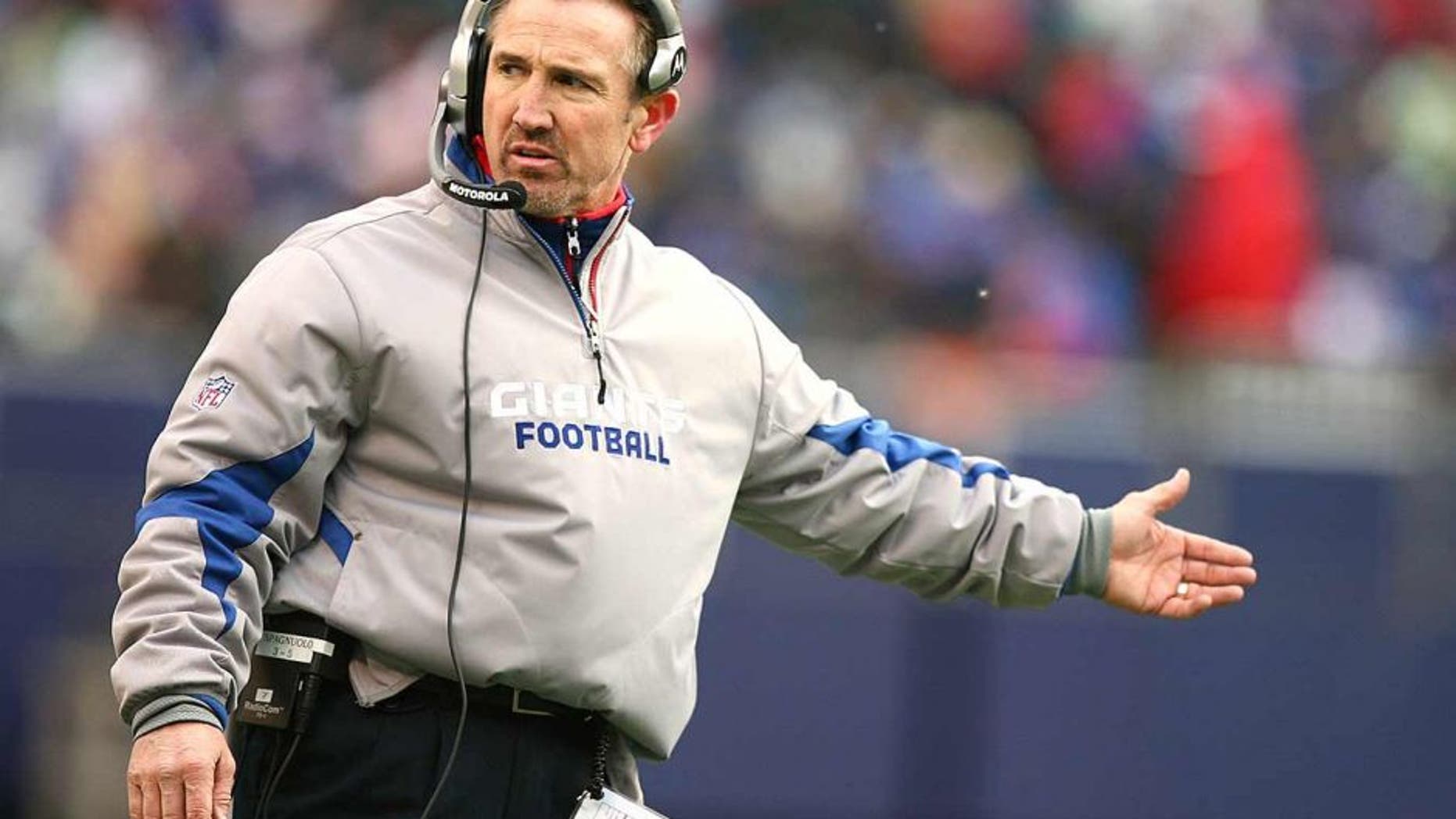 EAST RUTHERFORD, NJ - DECEMBER 07: Steve Spagnulo, Defensive Coordinator of the New York Giants coaches against the Philadelphia Eagles during their game on December 7, 2008 at Giants Stadium in East Rutherford, New Jersey. (Photo by Al Bello/Getty Images)