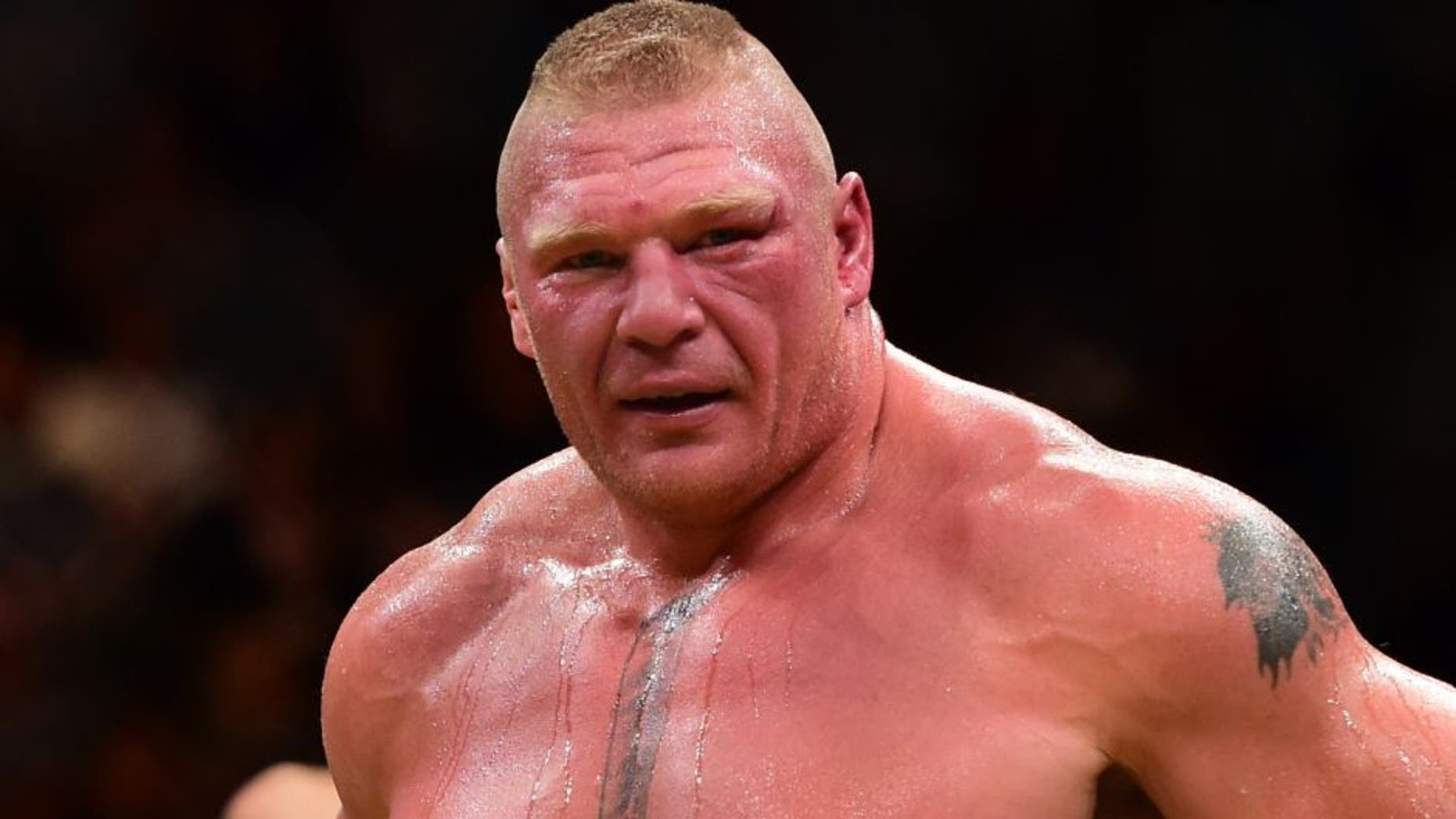 LAS VEGAS, NV - JULY 09: Brock Lesnar reacts after his victory over Mark Hunt of New Zealand in their heavyweight bout during the UFC 200 event on July 9, 2016 at T-Mobile Arena in Las Vegas, Nevada. (Photo by Harry How/Zuffa LLC/Zuffa LLC via Getty Images)