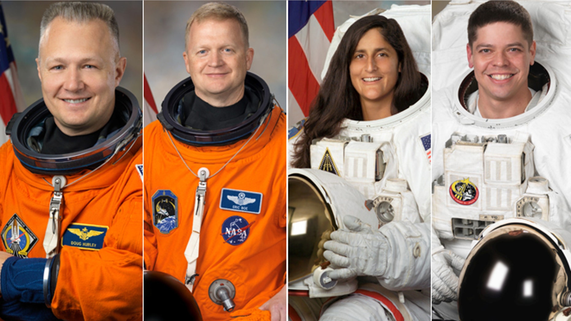 NASA selects 4 astronauts to lead commercial space missions. Pictured from left to right: Douglas Hurley, Eric Boe, Sunita Williams and Robert Behnken.