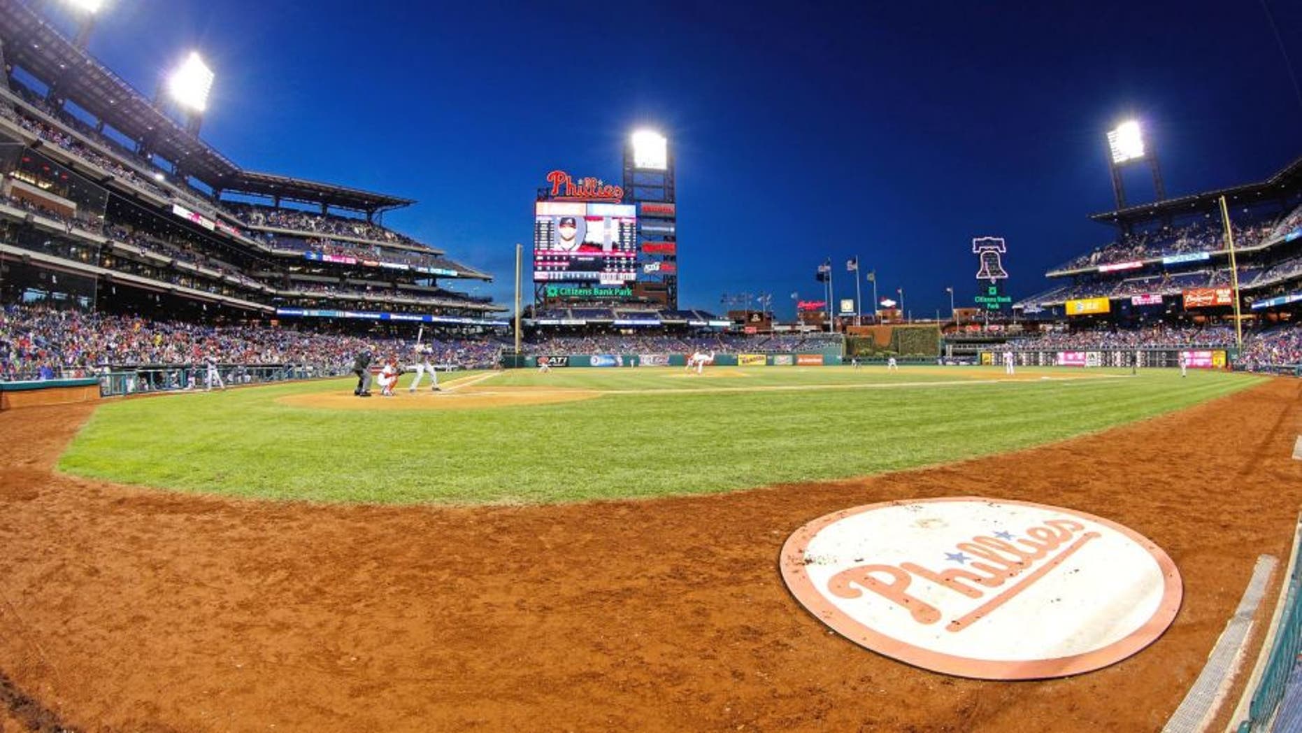 PHILADELPHIA, PA - APRIL 16: (EDITORS NOTE: This image was taken with a fisheye lens) A general view of Citizens Bank Park from field level during the game between the Atlanta Braves and the Philadelphia Phillies on April 16, 2014 in Philadelphia, Pennsylvania. All uniformed team members are wearing jersey number 42 in honor of Jackie Robinson Day. The Braves won 1-0. (Photo by Brian Garfinkel/Getty Images)