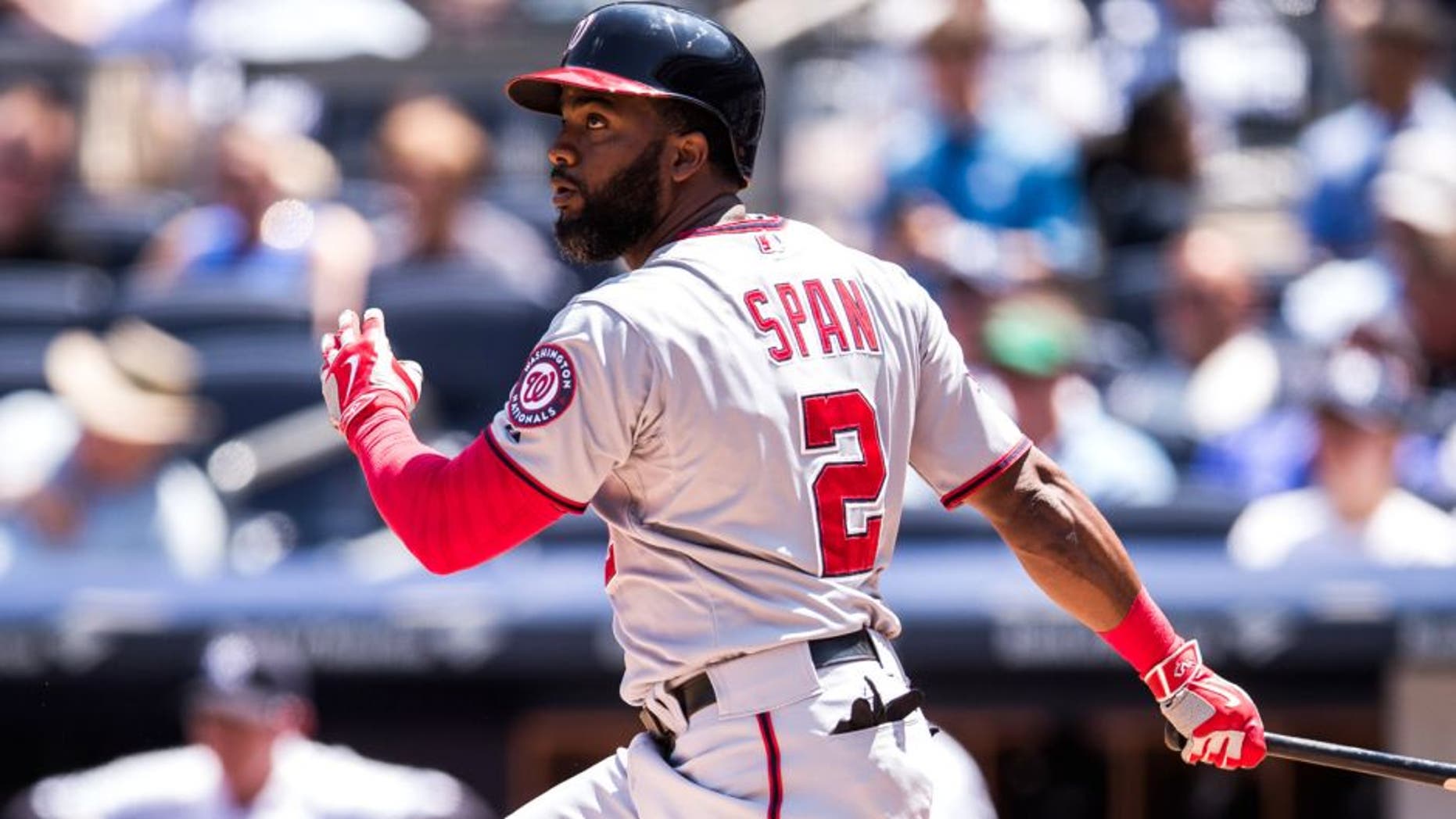 NEW YORK, NY - JUNE 10: Denard Span #2 of the Washington Nationals bats during the game against the New York Yankees at Yankee Stadium on June 10, 2015 in the Bronx borough of New York City. (Photo by Rob Tringali/SportsChrome/Getty Images)