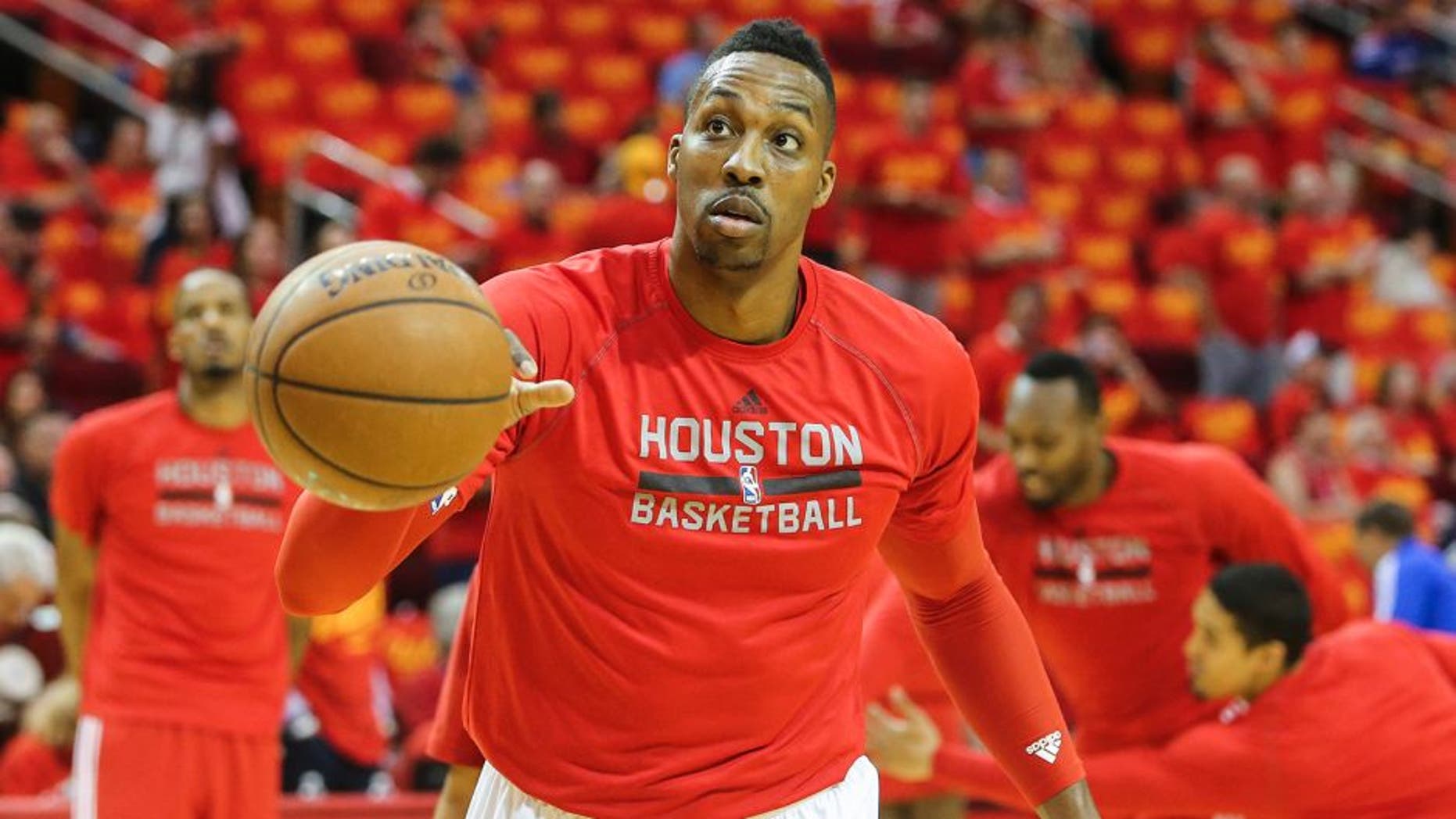 May 17, 2015; Houston, TX, USA; Houston Rockets center Dwight Howard (12) warms up before game seven of the second round of the NBA Playoffs against the Los Angeles Clippers at Toyota Center. Mandatory Credit: Troy Taormina-USA TODAY Sports