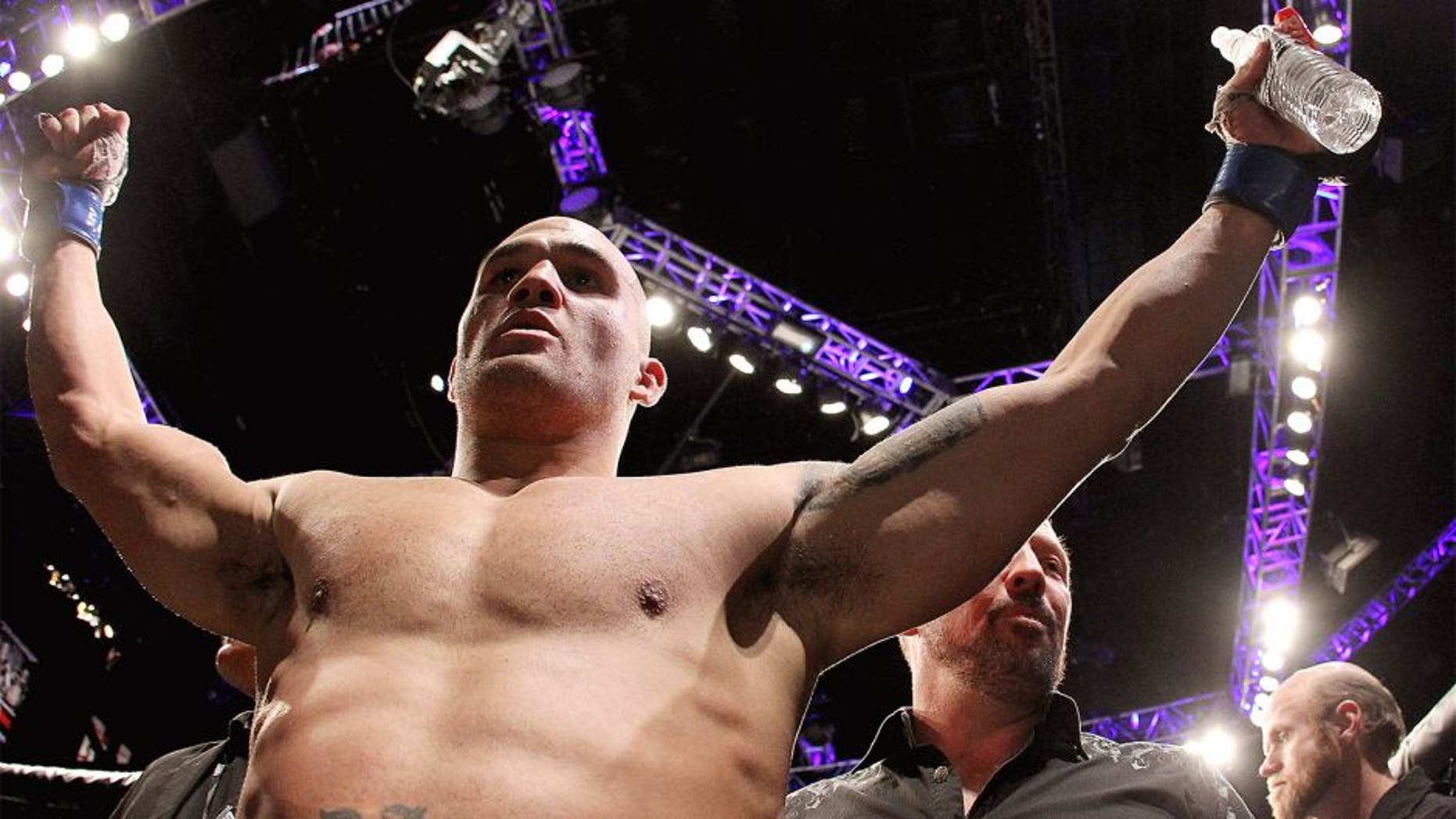 LAS VEGAS, NV - DECEMBER 06: Robbie Lawler celebrates after defeating Johny Hendricks by a split decision in their welterweight title fight during the UFC 181 event at the Mandalay Bay Events Center on December 6, 2014 in Las Vegas, Nevada. (Photo by Alex Trautwig/Getty Images)