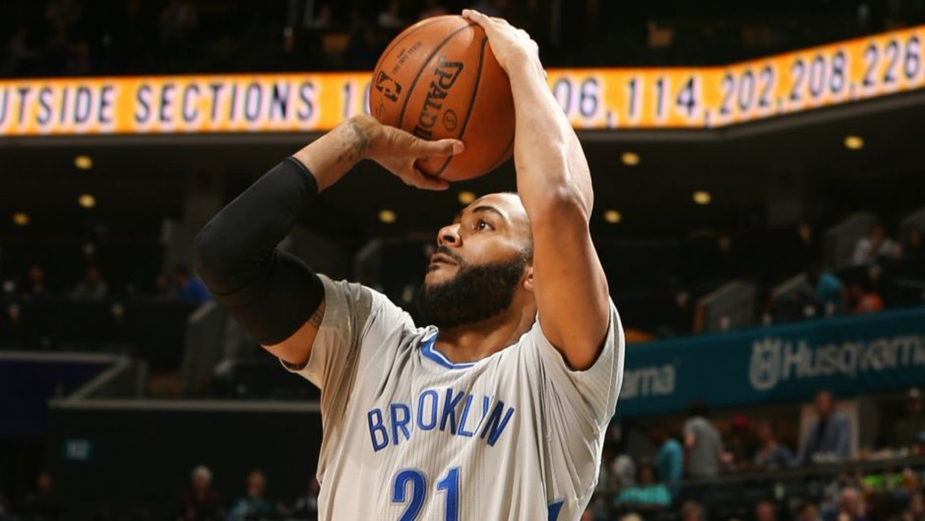 CHARLOTTE, NC - APRIL 8: Wayne Ellington #21 of the Brooklyn Nets shoots against the Charlotte Hornets during the game on April 8, 2016 at Time Warner Cable Arena in Charlotte, North Carolina. NOTE TO USER: User expressly acknowledges and agrees that, by downloading and or using this Photograph, user is consenting to the terms and conditions of the Getty Images License Agreement. Mandatory Copyright Notice: Copyright 2016 NBAE (Photo by Kent Smith/NBAE via Getty Images)