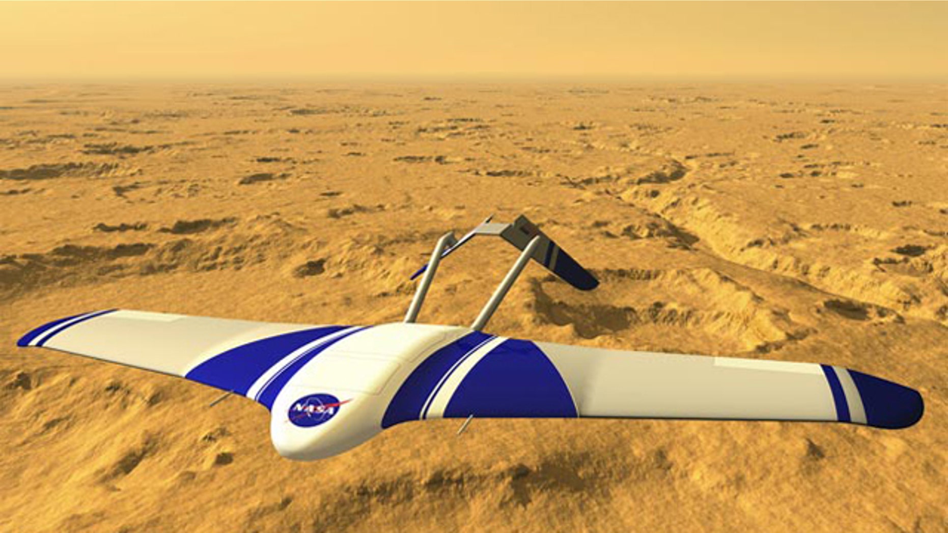 Artist's concept of the ARES airplane flying over the surface of Mars.